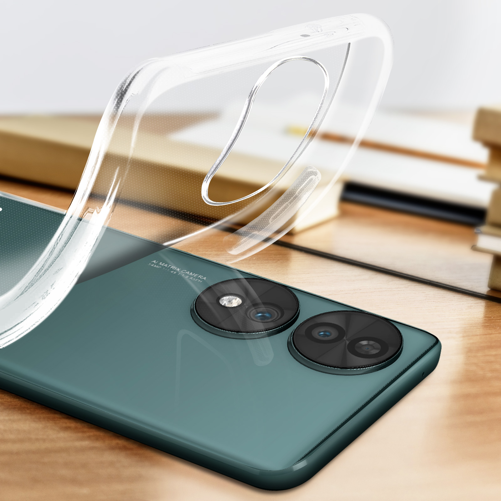 Smartphone con custodia trasparente sul retro. Il telefono è verde acqua, con sfondo in legno.