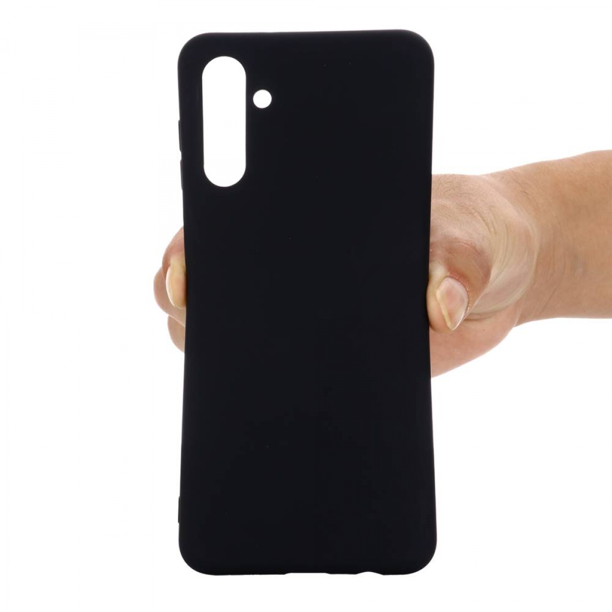 Die Hand einer Person, die eine schwarze Handyhülle hält. Die Hülle hat ein Loch für die Kamera und einen weißen Punkt.