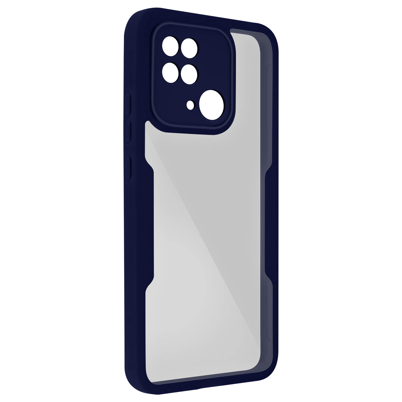 Una custodia per telefono blu navy con centro trasparente e ritagli per fotocamera e pulsanti.