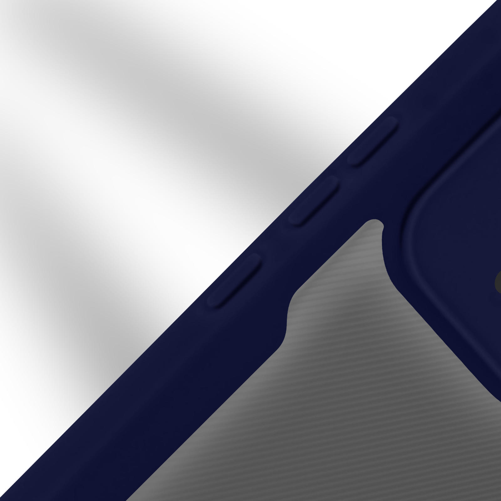 Gros plan sur une coque de téléphone bleu marine. Elle montre le côté du téléphone avec les boutons.