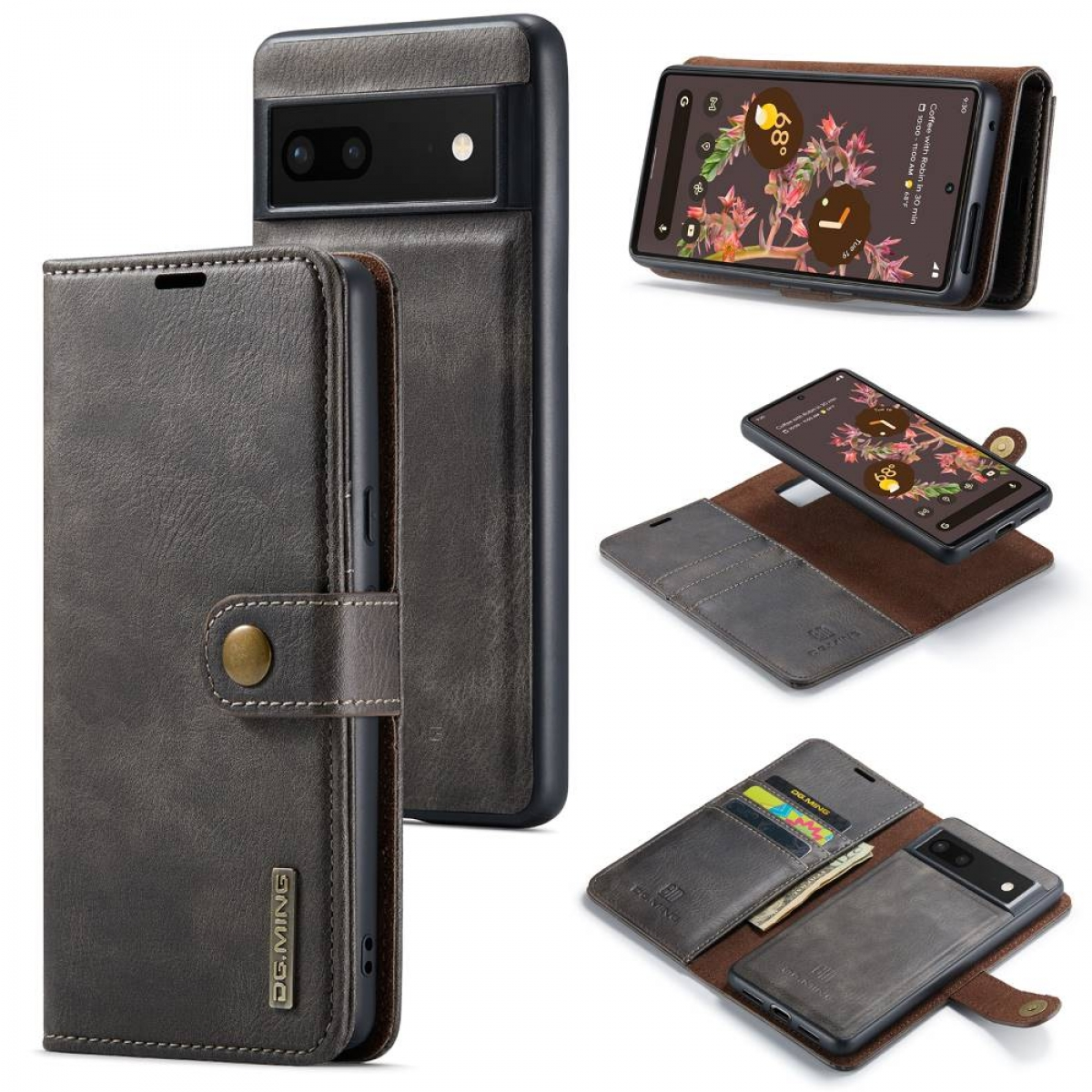 Braune Leder-Handyhülle mit Telefon und Karten im Inneren. Mehrere Ansichten des Gehäuses.