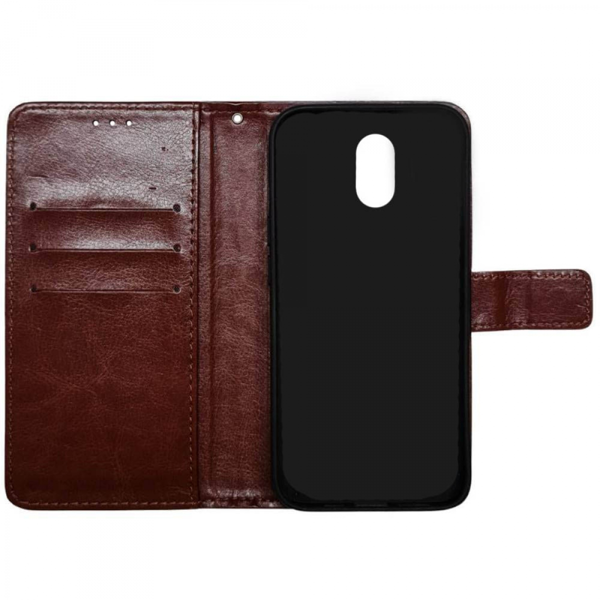 Geöffnete braune Leder-Geldbörsen-Handyhülle, zeigt ein Telefon und Kartenfächer.