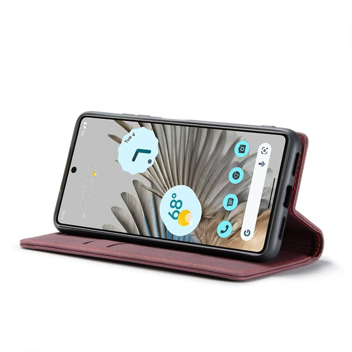 Telefon in roter Brieftasche, aufgeklappt. Zeigt Uhr und App-Symbole.