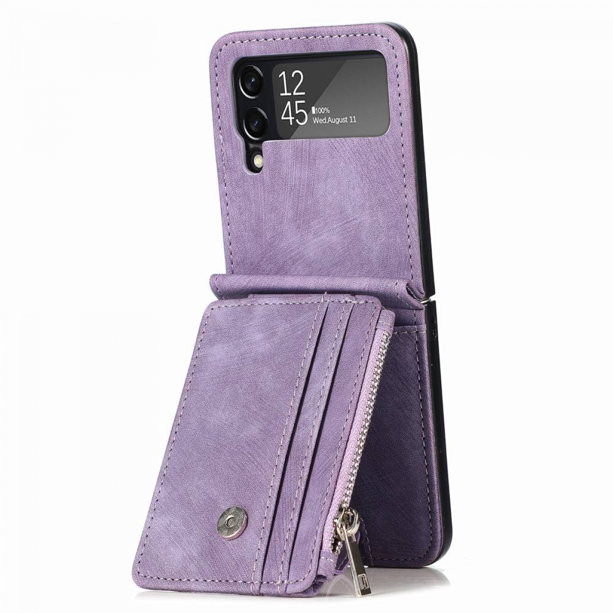 Lila Handyhülle mit Geldbörsen-Design. Enthält einen Reißverschluss, Kartenfächer und einen Magnetverschluss.
