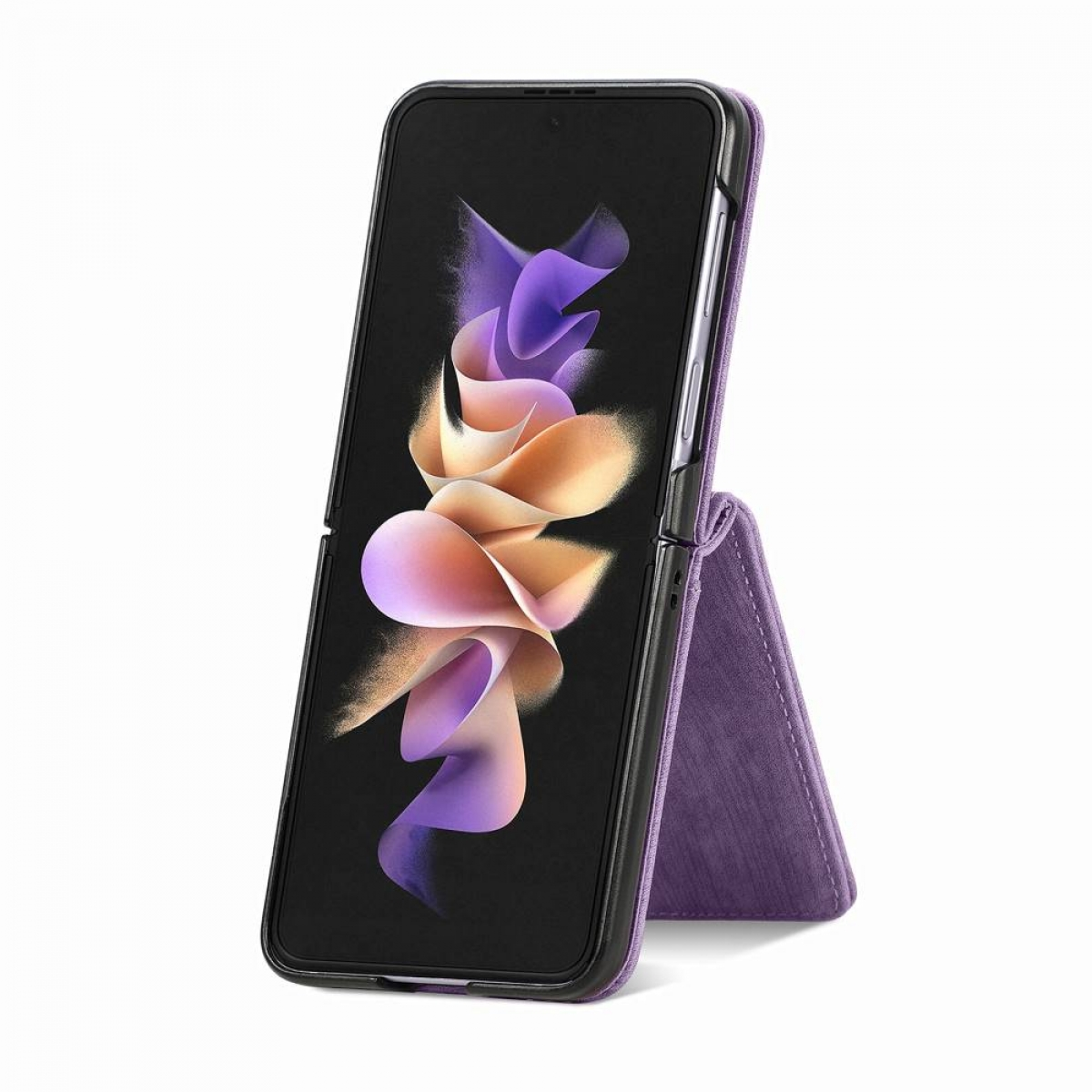 Telefon in einer lila Hülle, geöffnet und abgewinkelt, zeigt einen farbenfrohen Bildschirm.