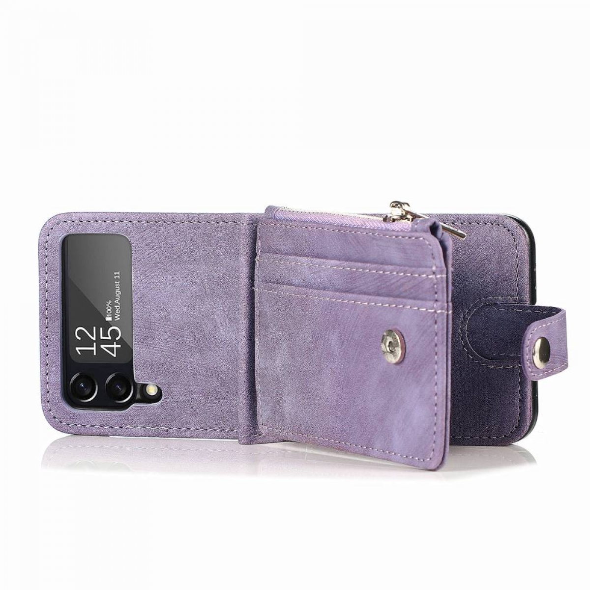 Lila Handyhülle, geöffnet, mit Telefon- und Kartenfächern, mit Reißverschluss.