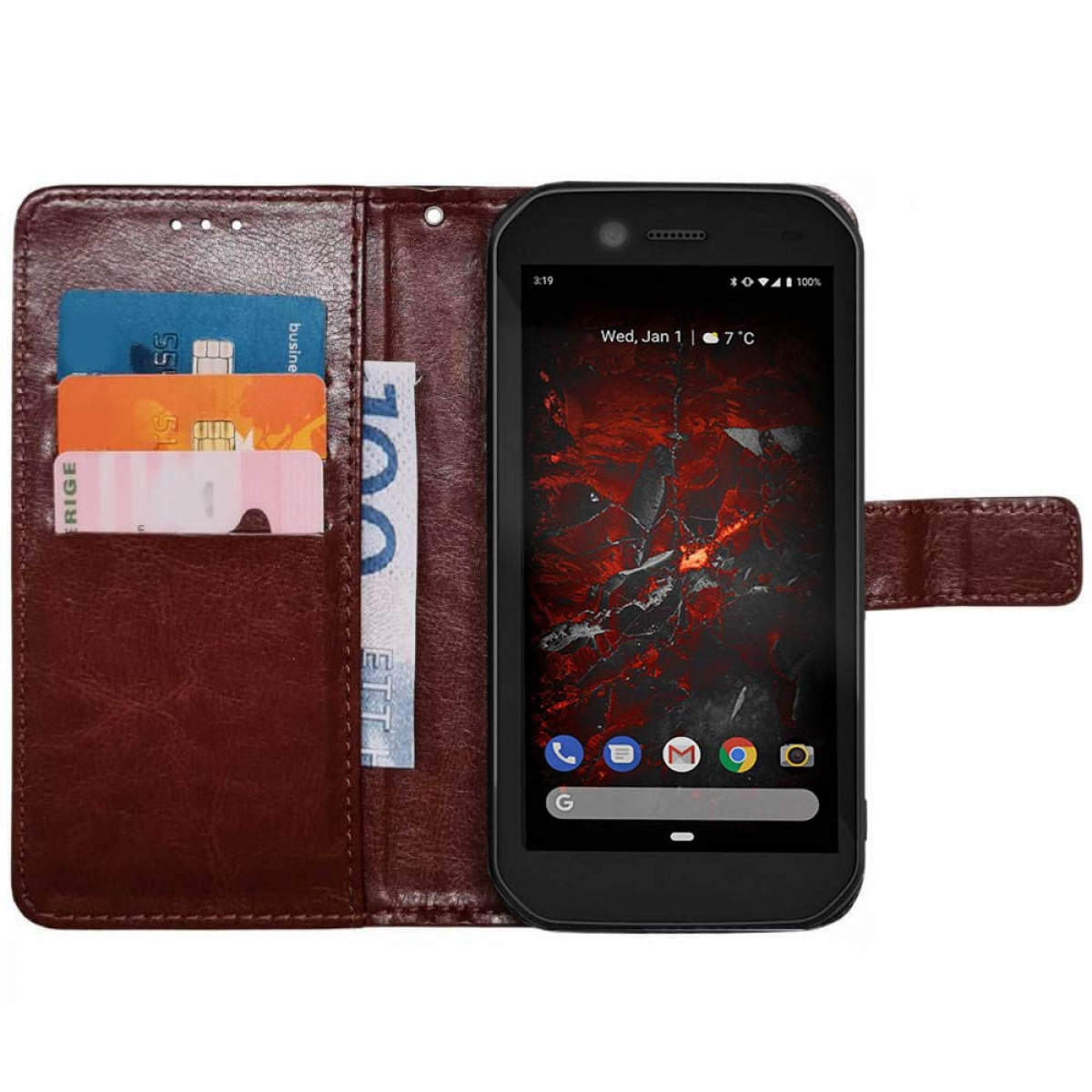 Braunes Telefon-Wallet-Case mit Telefon, das einen Bildschirm mit Datum und Uhrzeit zeigt.