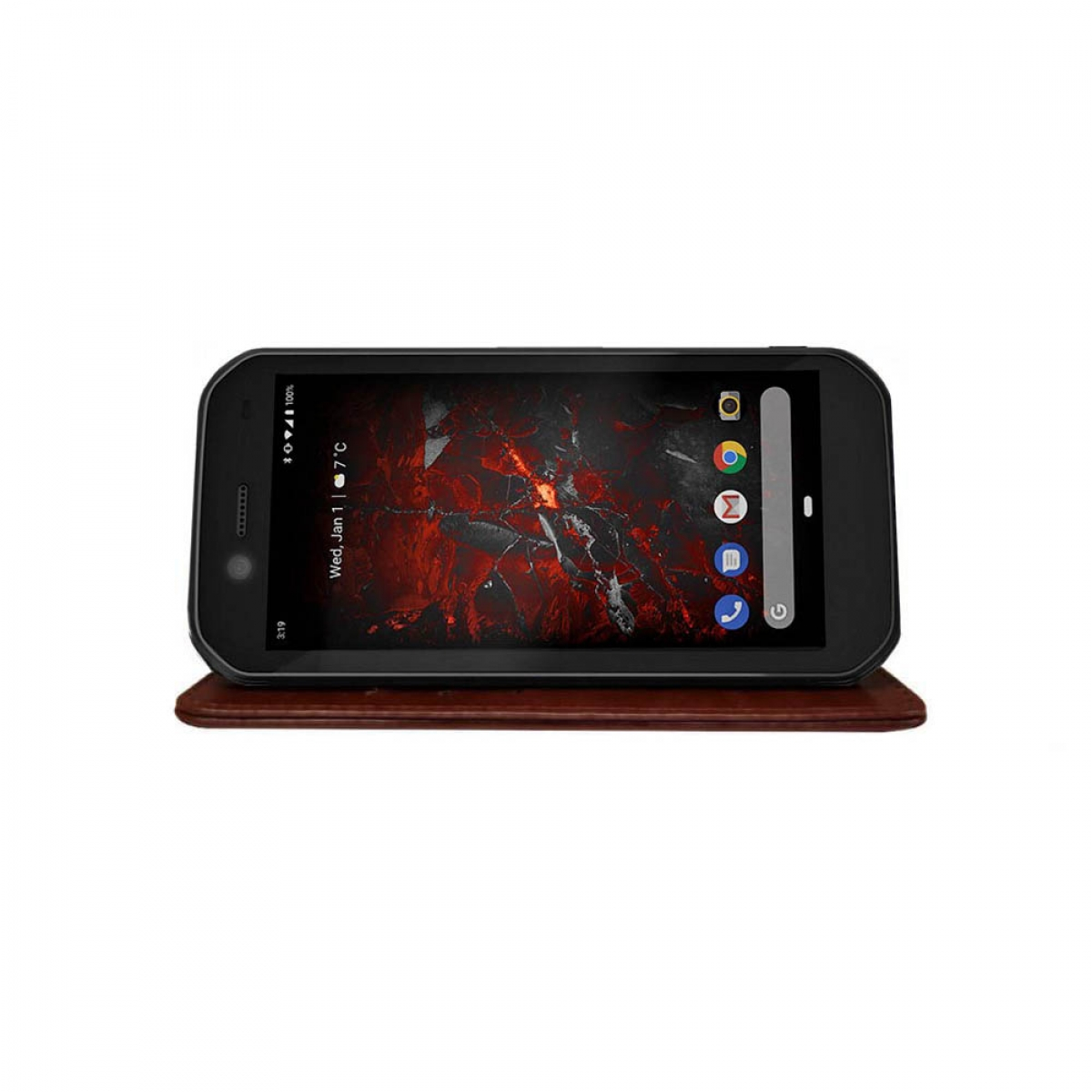 Ein schwarzes Smartphone mit einem Bildschirm, der ein farbenfrohes App-Layout anzeigt, das auf einer Holzoberfläche liegt.
