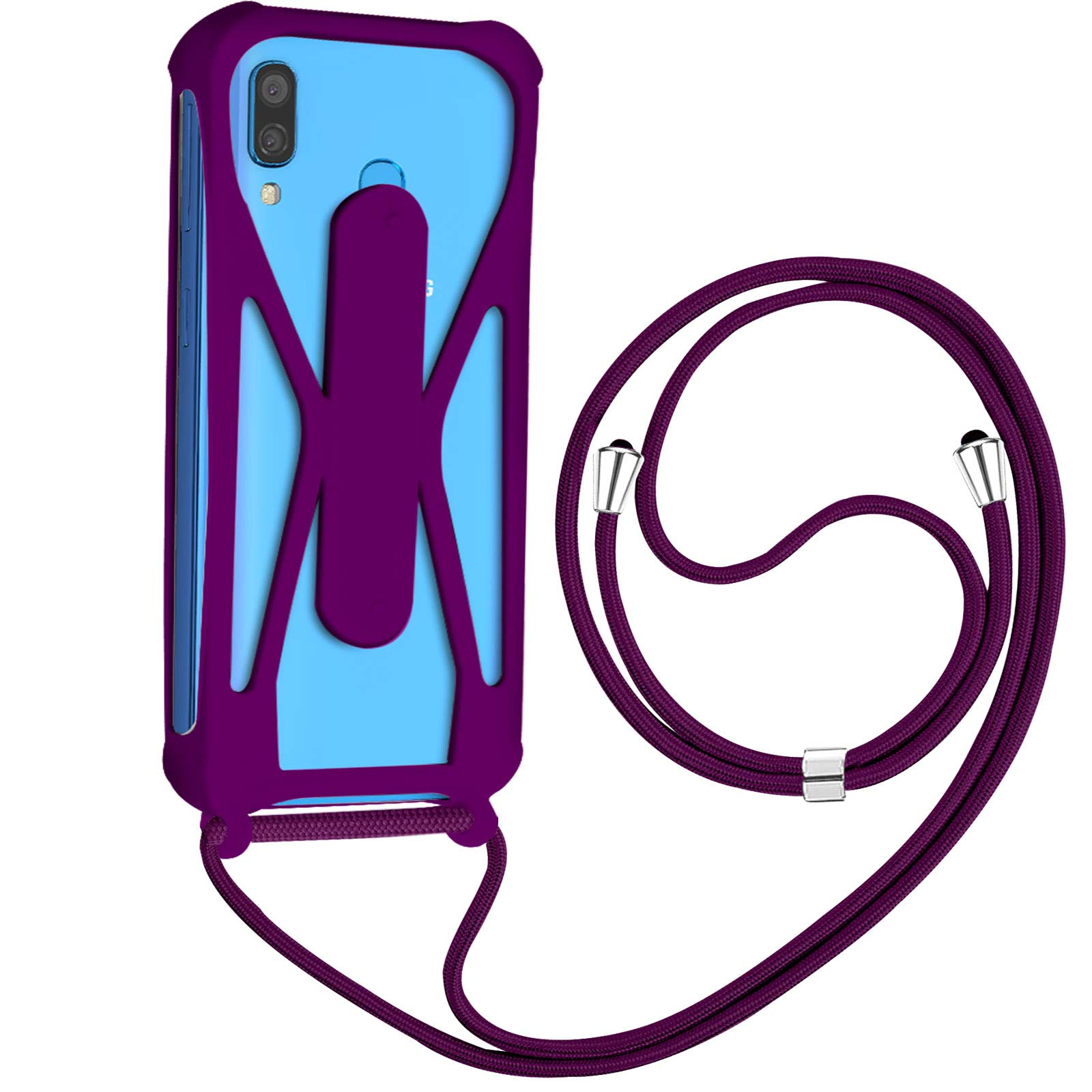 Custodia per telefono viola con telefono blu e cinturino viola.