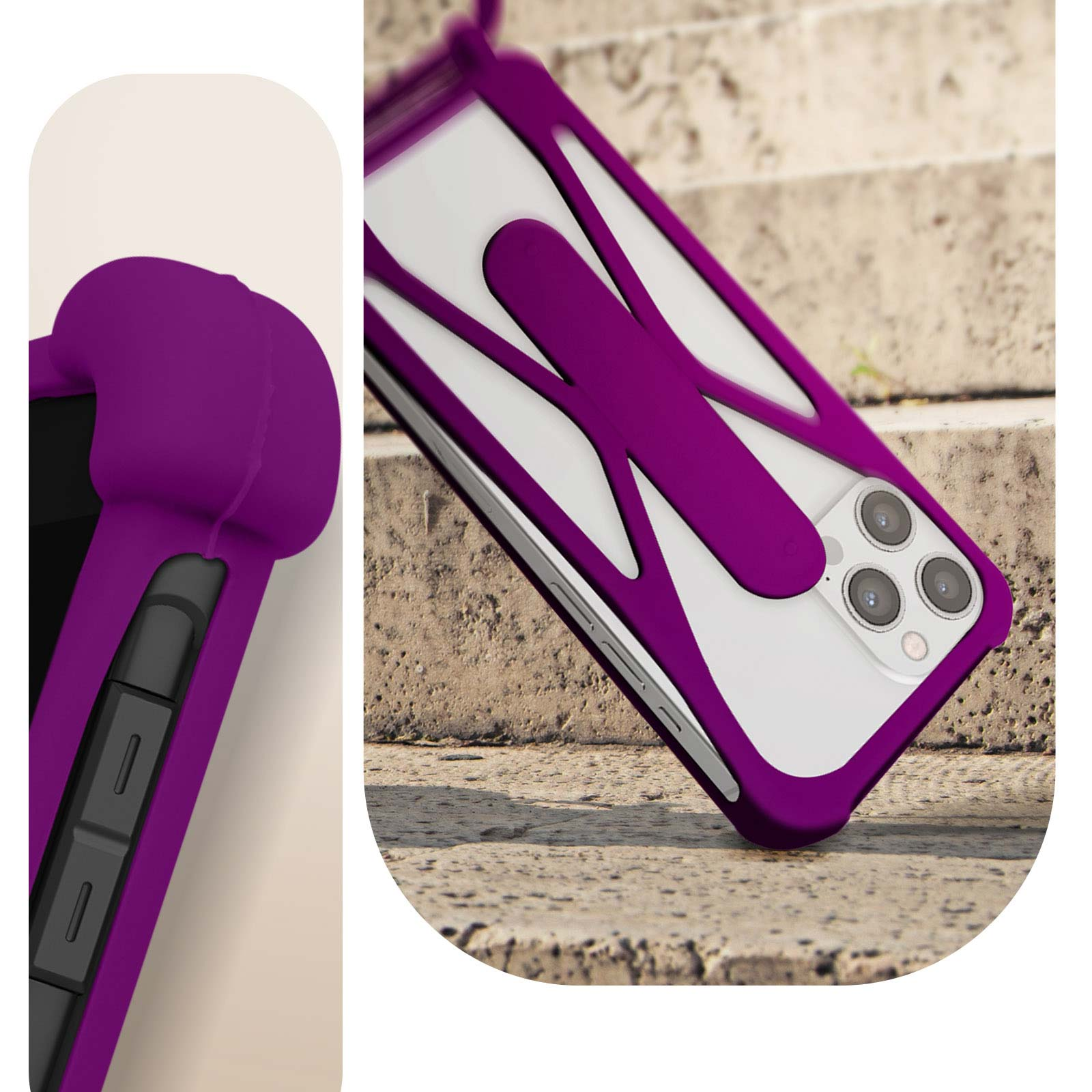 Custodia viola per telefono. Il telefono è nella custodia, la custodia è aperta.