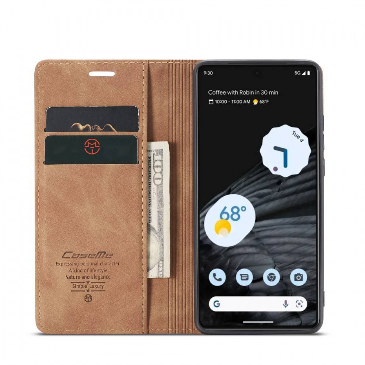 Geöffnete braune Handyhülle mit Telefon und Geld darin.