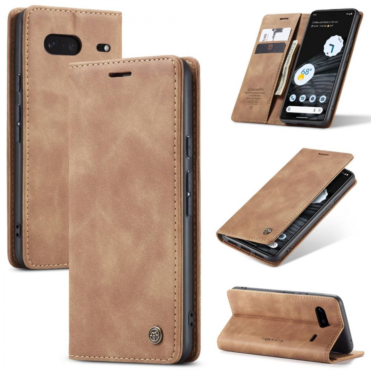 Mehrere Ansichten einer braunen Leder-Handyhülle mit Telefon im Inneren.