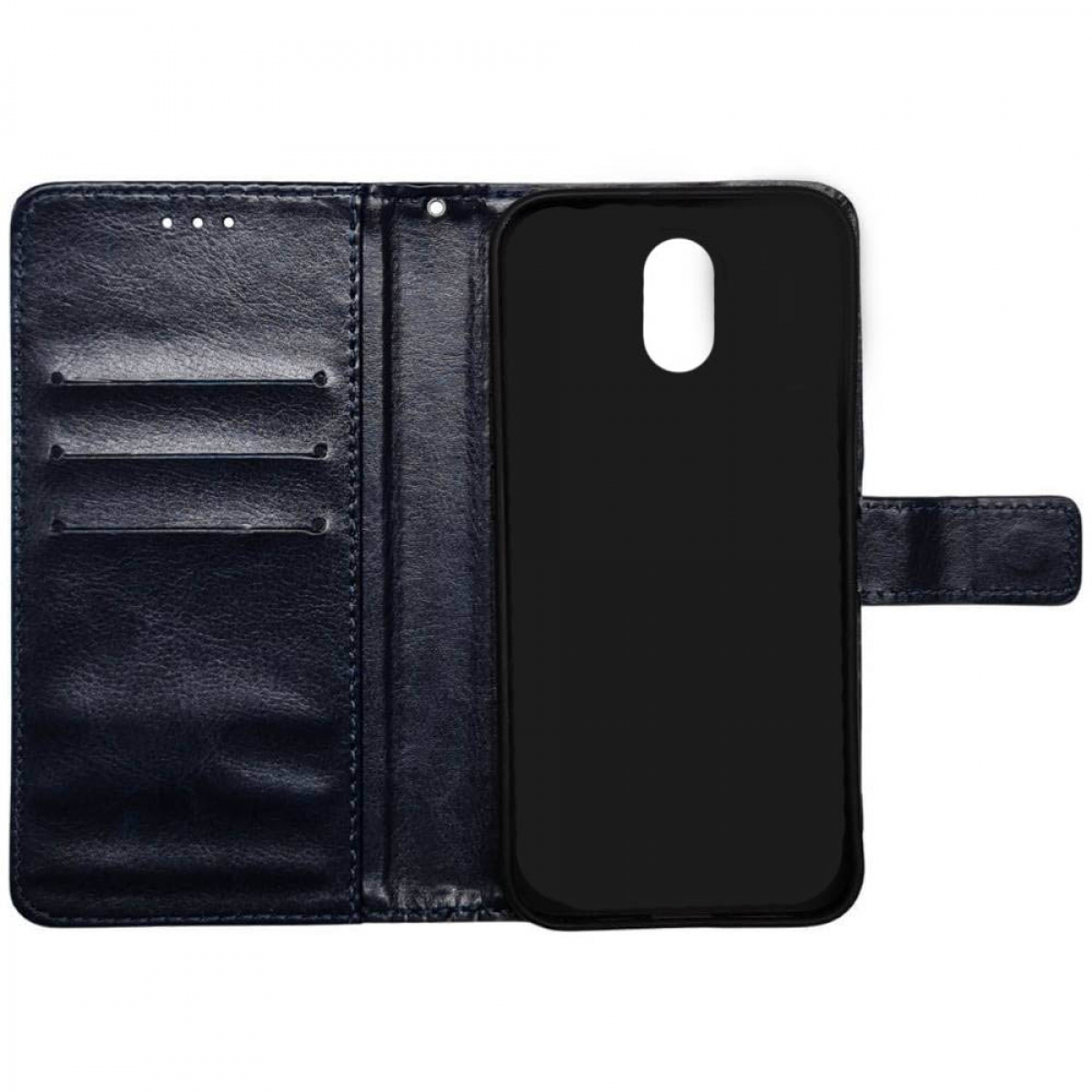 Eine blaue Handyhülle mit einem schwarzen Telefon darin.