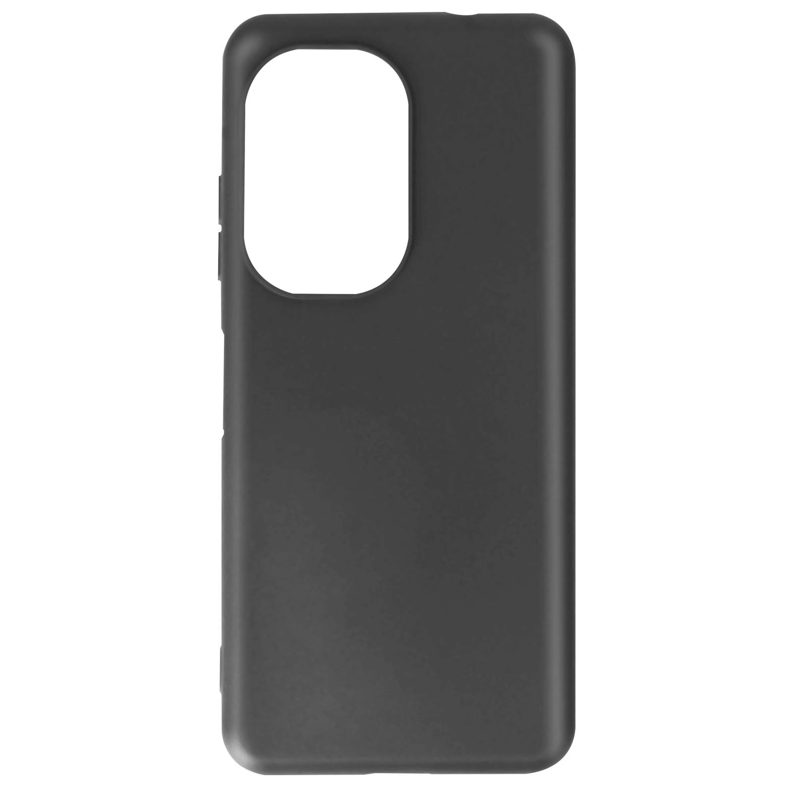 Una custodia per telefono nera con un ampio ritaglio per la fotocamera, progettata per un telefono cellulare.