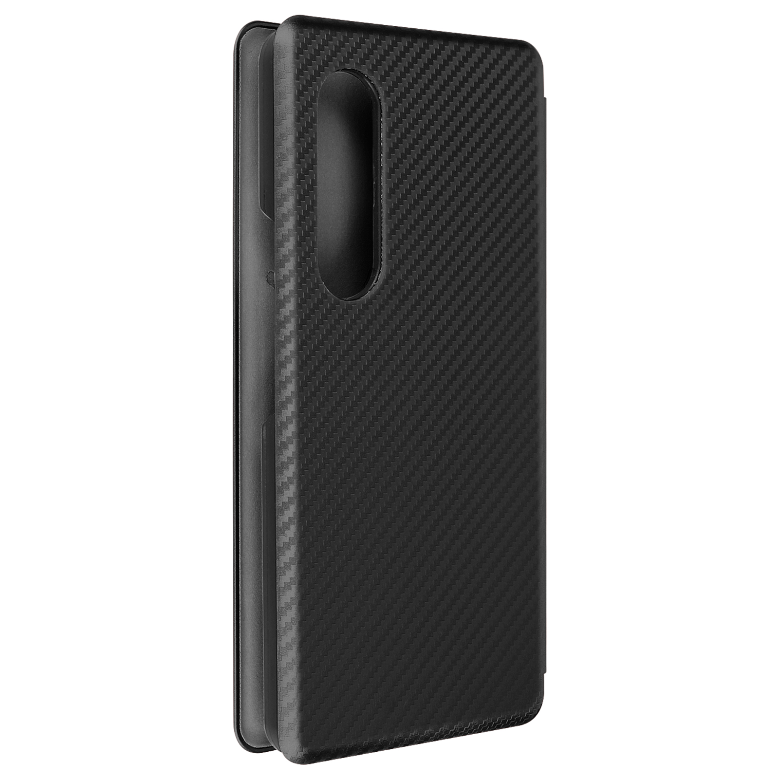 Schwarze, strukturierte Handyhülle mit Karbonfaser-Design, offen.