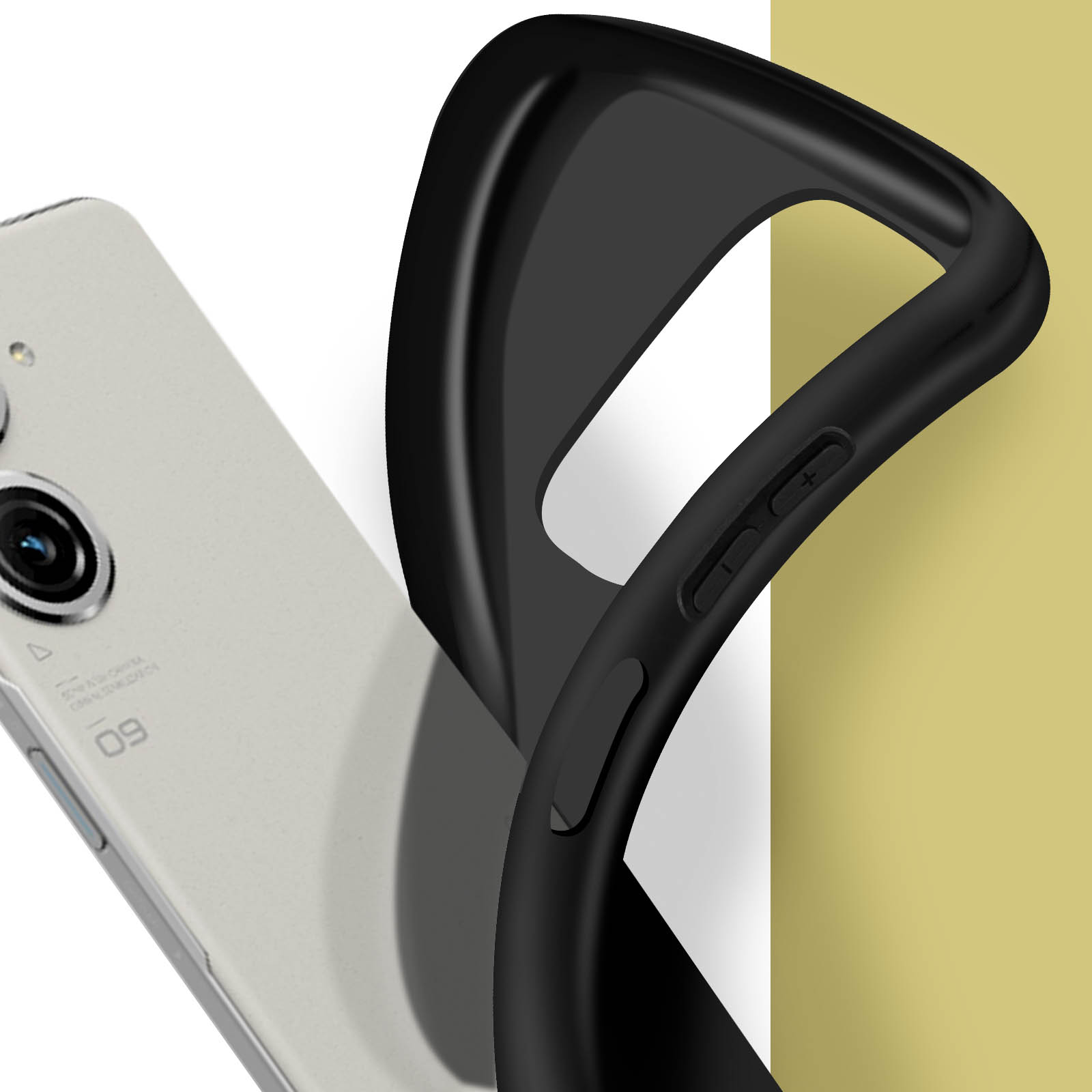 Custodia nera che mostra la fotocamera e i pulsanti del telefono, con un design flessibile.