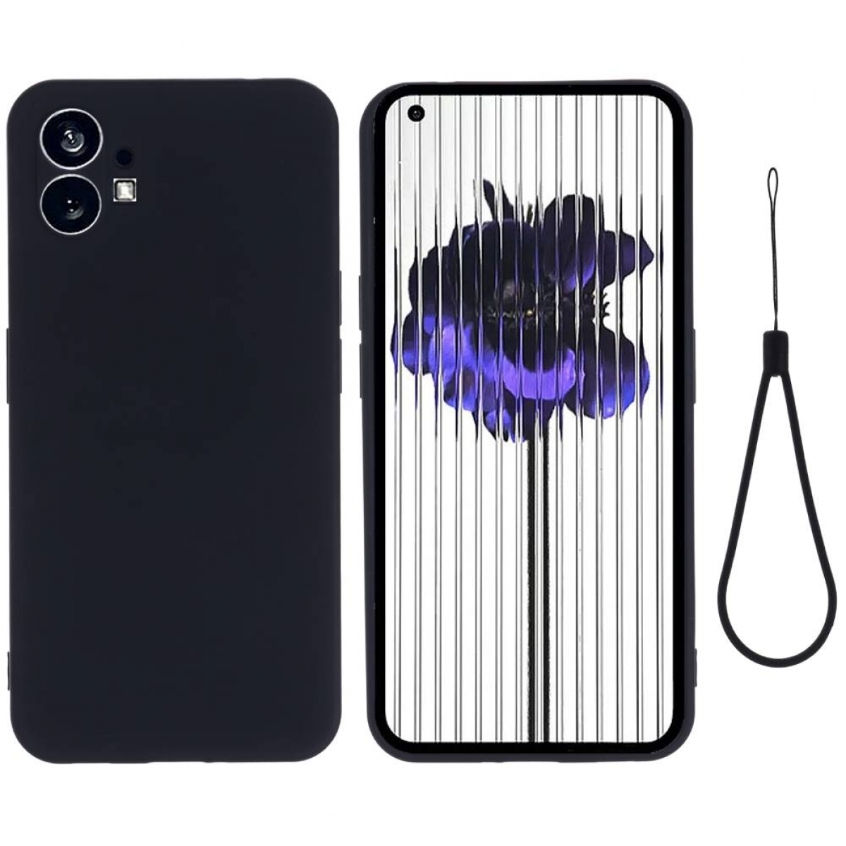 Schwarzes Telefon und Hülle. Das Telefon zeigt ein violettes Blumenbild vor weißen vertikalen Linien. Auch eine schwarze Kordel.