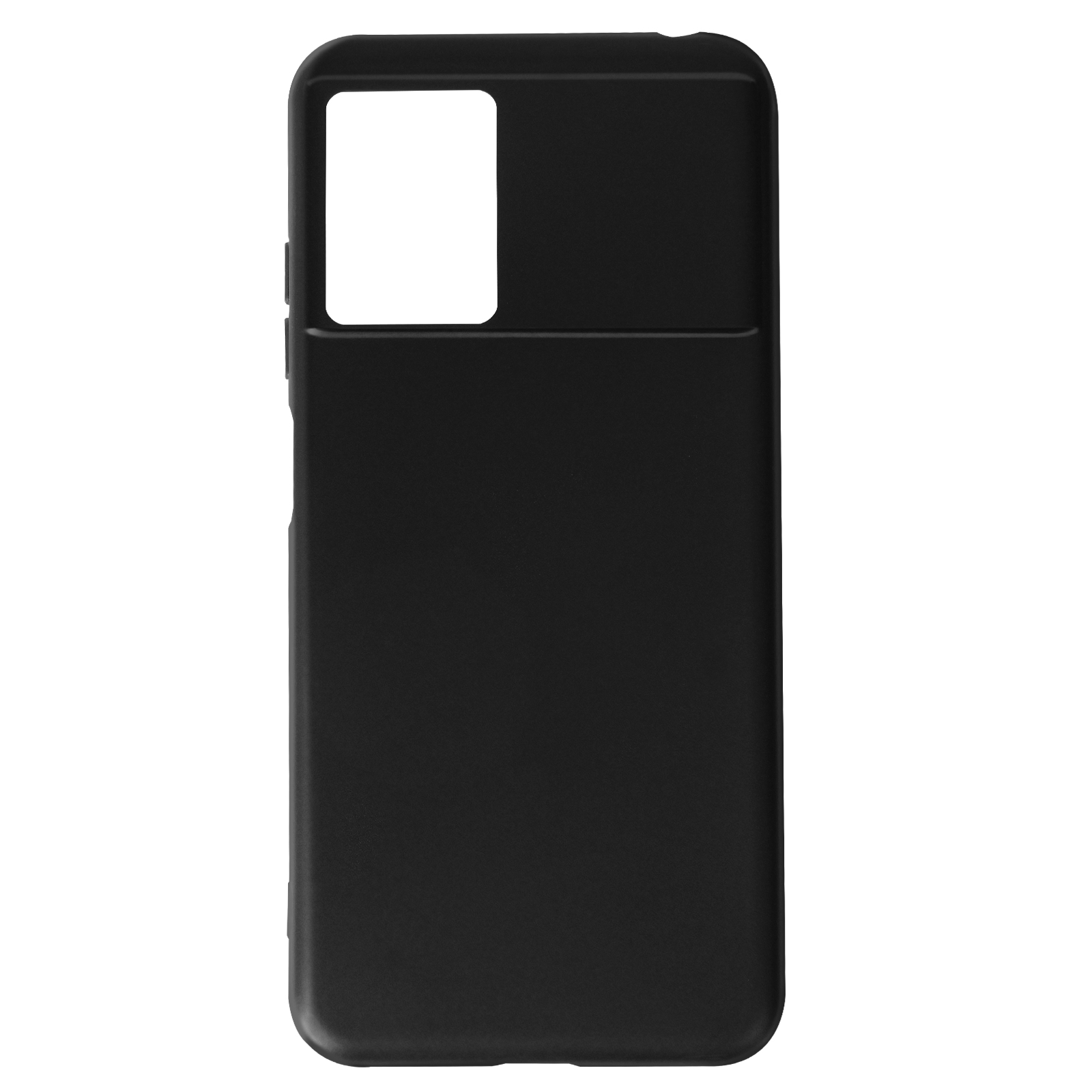 Eine schwarze Handyhülle mit Kameraausschnitt. Isoliert auf weißem Hintergrund. Einfaches Design.