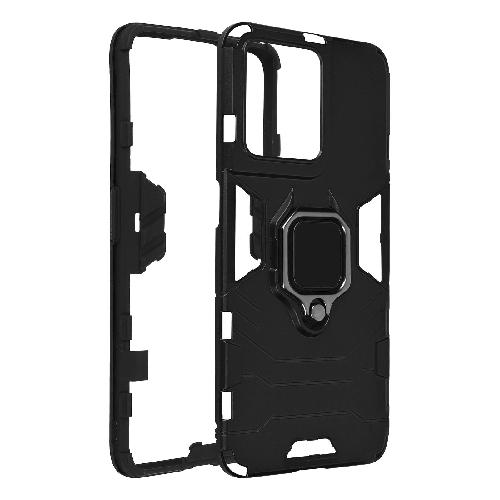 Eine schwarze Handyhülle mit offenem Design, die den äußeren Rahmen und einen Ringhalter zeigt, auf einer beigefarbenen Oberfläche.