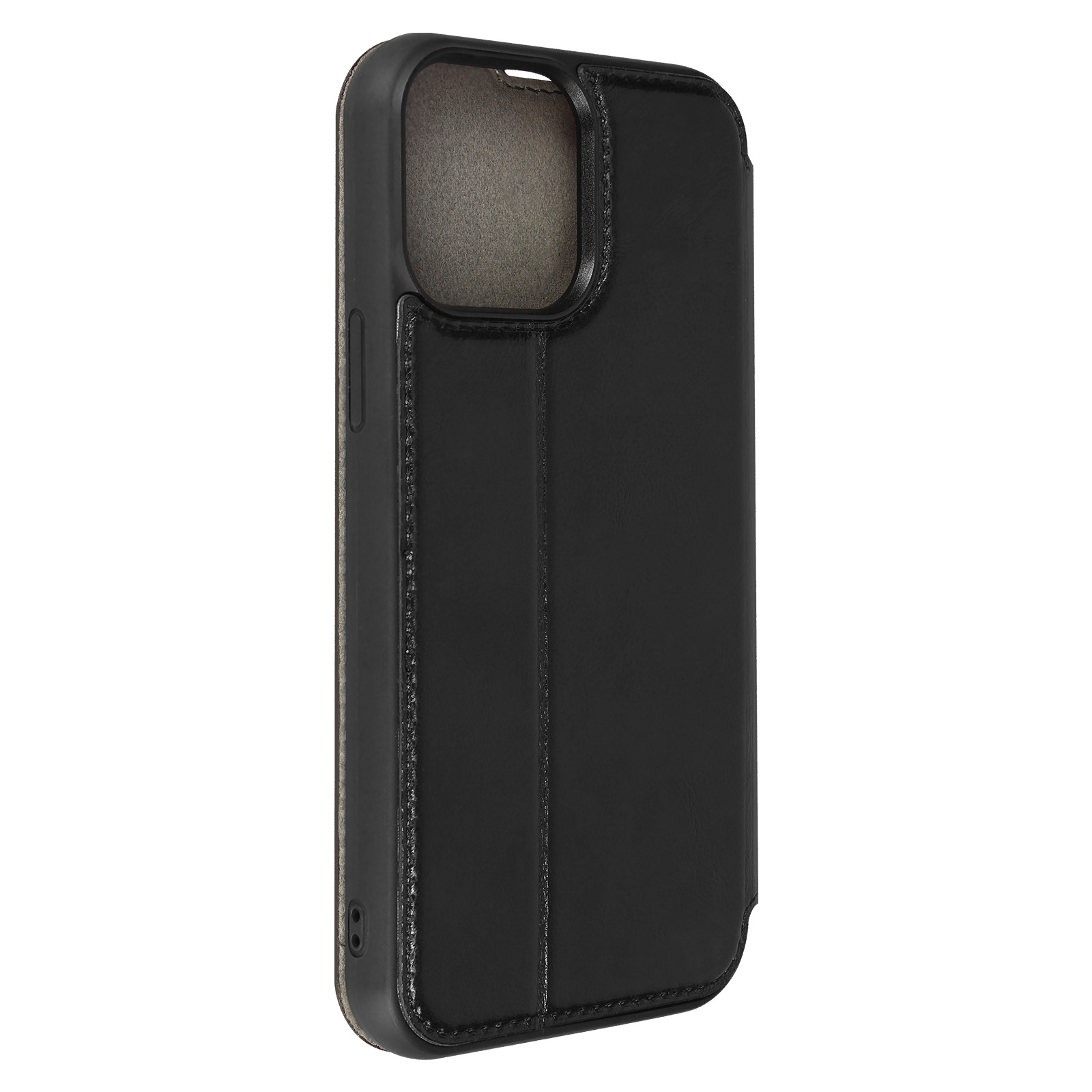 Un étui de téléphone noir est montré de côté. Il a un rabat et une découpe pour l'appareil photo.