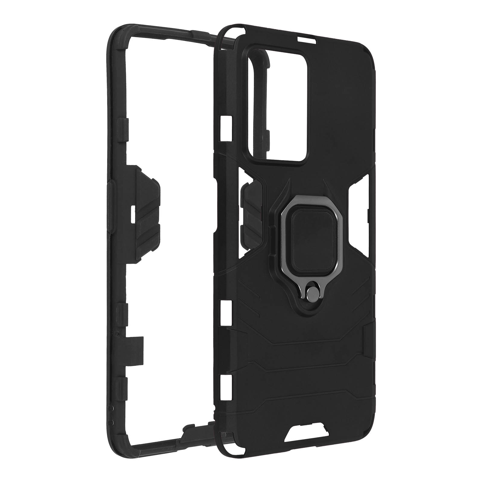 Una custodia nera per telefono con supporto ad anello. La custodia è in plastica rigida con un design complesso.