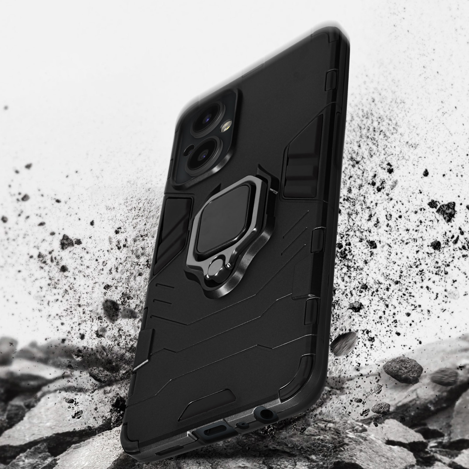Una custodia per telefono nera con un supporto ad anello, appoggiata su una superficie rocciosa.