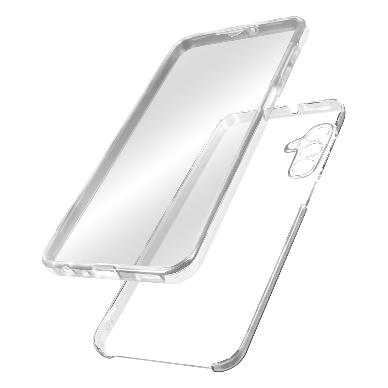 Parti di custodia trasparente per telefono: protezione schermo e cover posteriore. Sono separate. Fotocamera del telefono visibile.