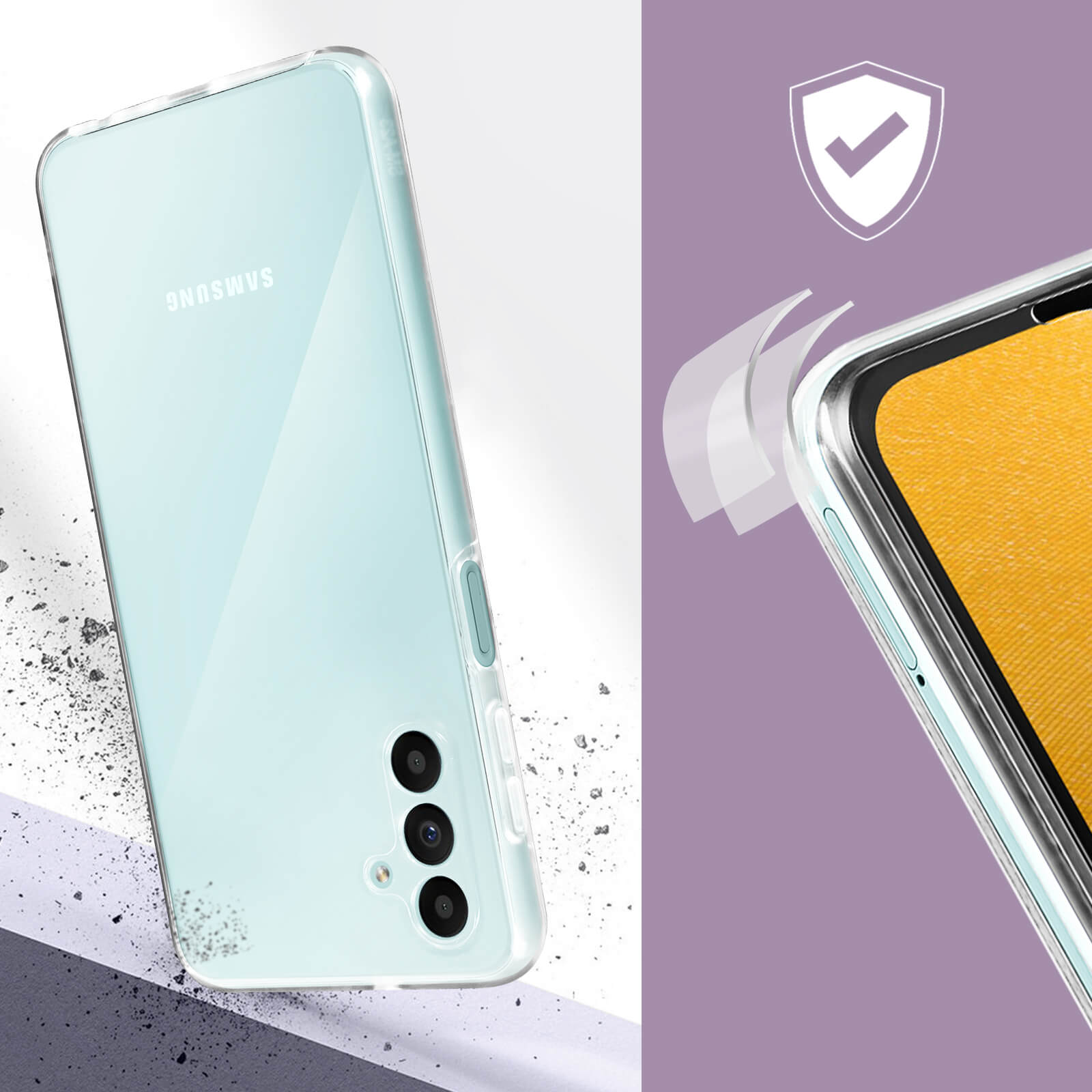 Custodia trasparente per telefono su un telefono azzurro. Un'icona a forma di segno di spunta si trova nell'angolo in alto a destra.