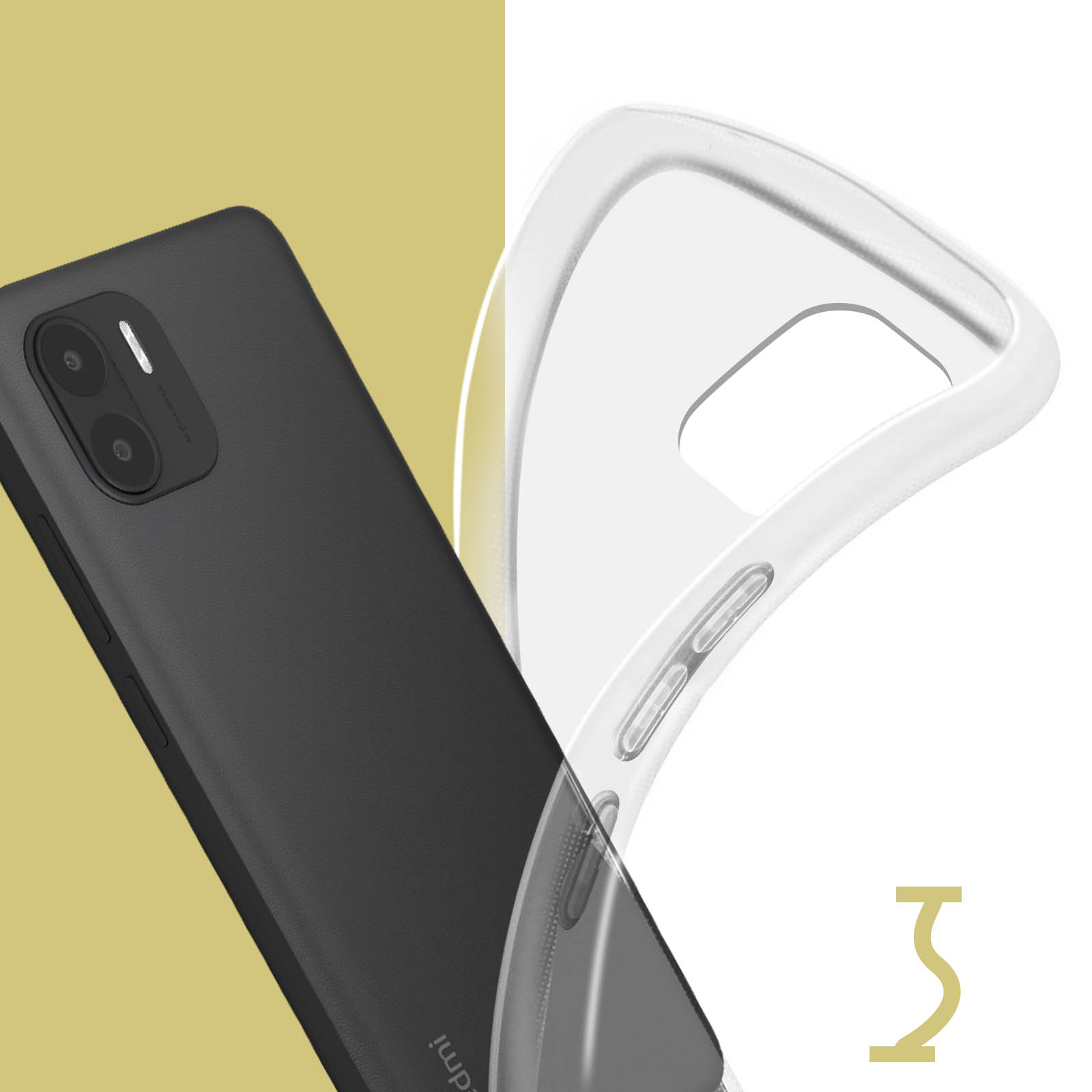 Schwarze Handyhülle und Telefon mit transparenter Hülle auf gelbem Grund.
