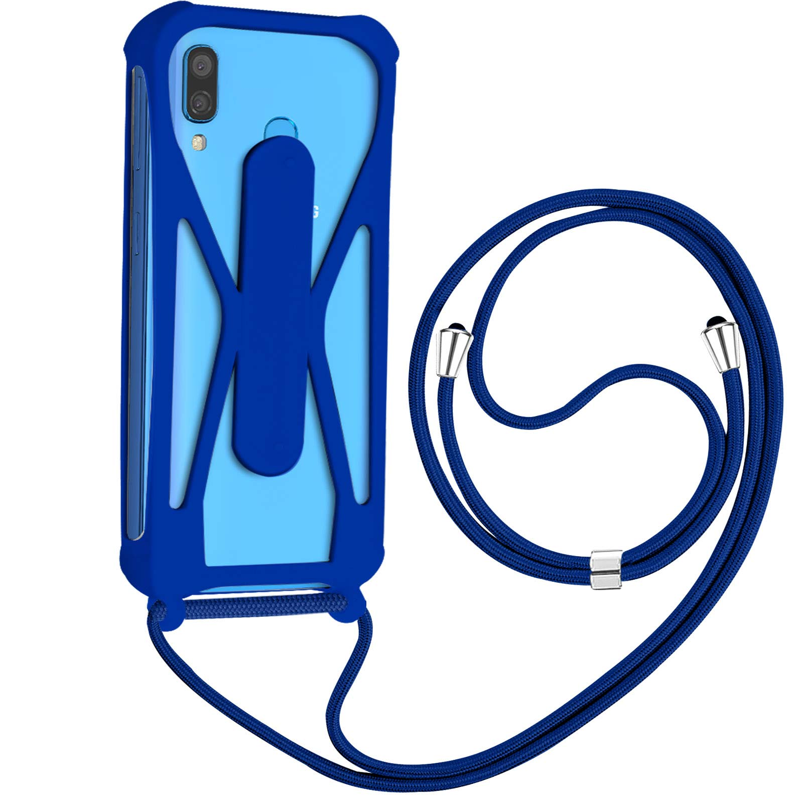 Custodia per telefono blu con cordino. La custodia e il cordino sono blu.