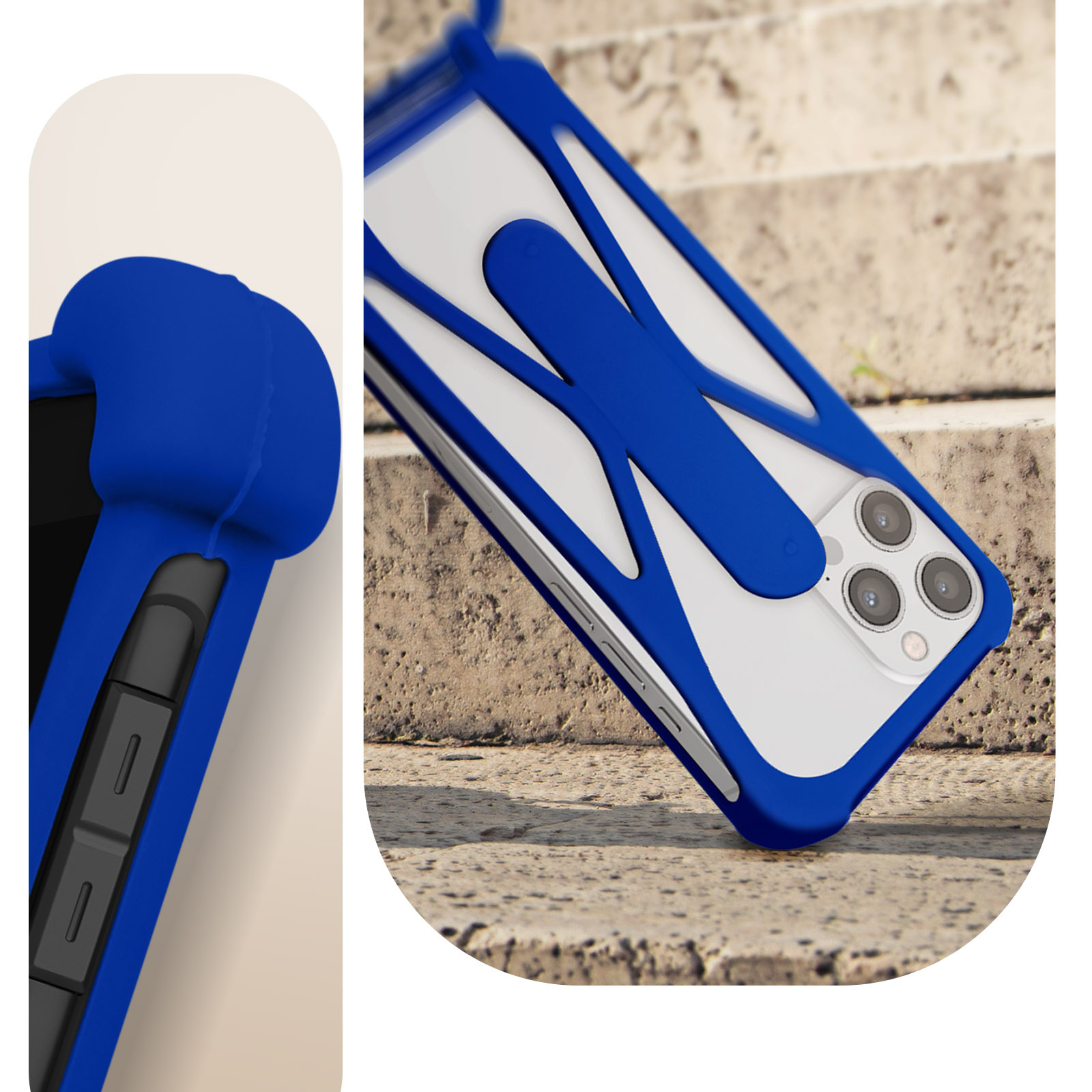 Custodia blu per telefono con pulsanti laterali. Il telefono è visibile da dietro.