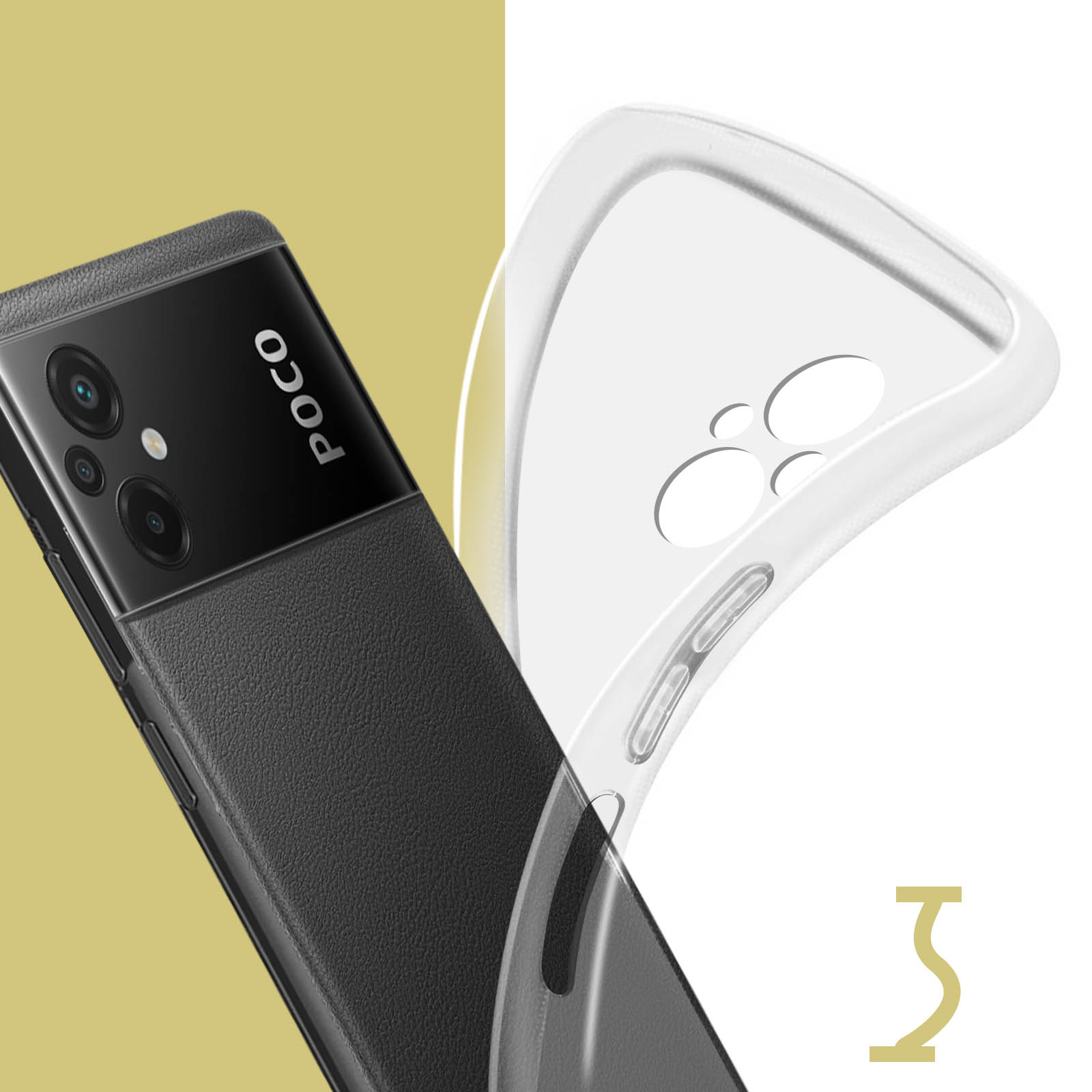 Schwarz-graues Telefon mit klarer Schutzhülle. Telefon hat POCO-Logo auf der Rückseite.