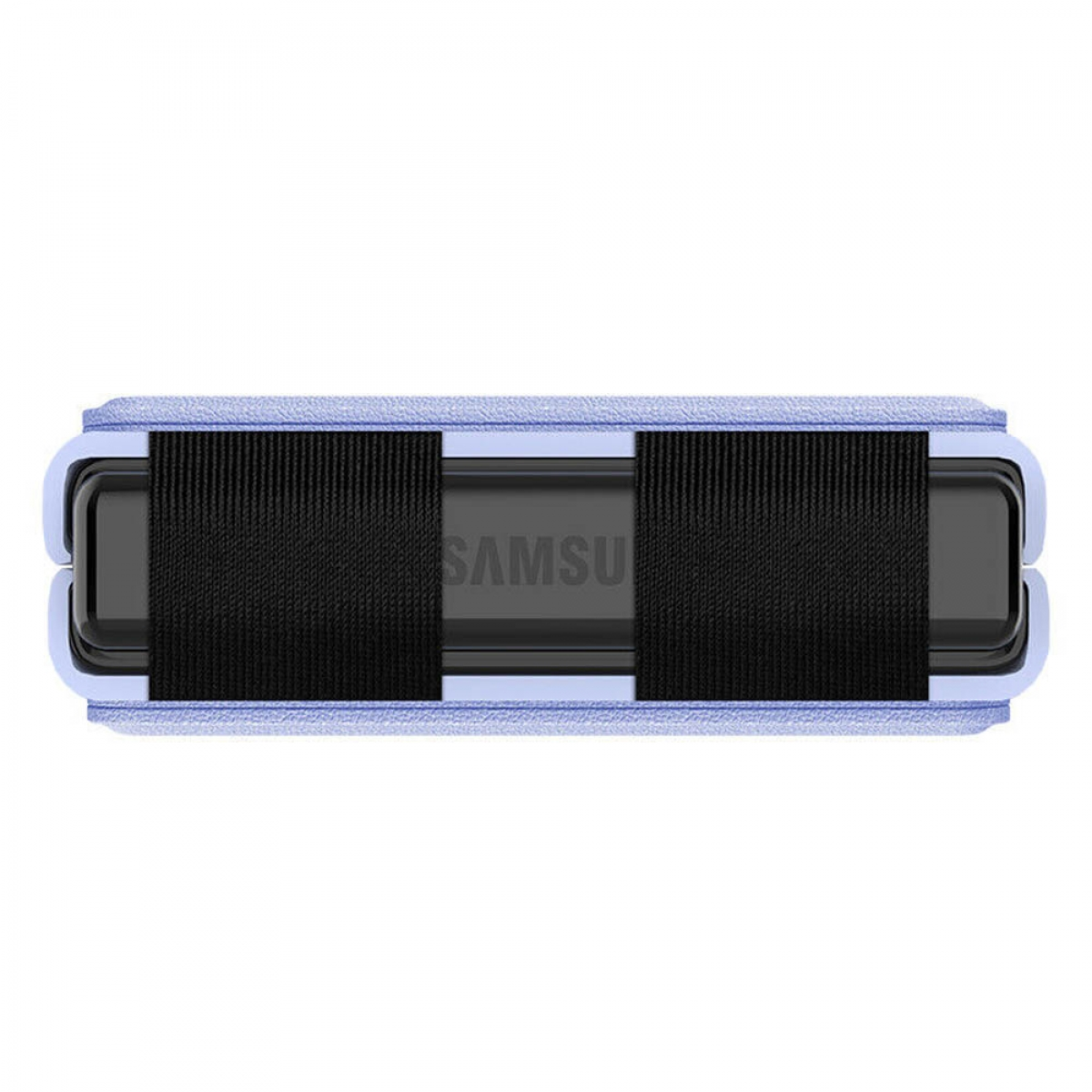 Faltbares Telefon mit blauem Gehäuse, verschlossen mit schwarzen Riemen. Das Telefon ist ein Samsung.
