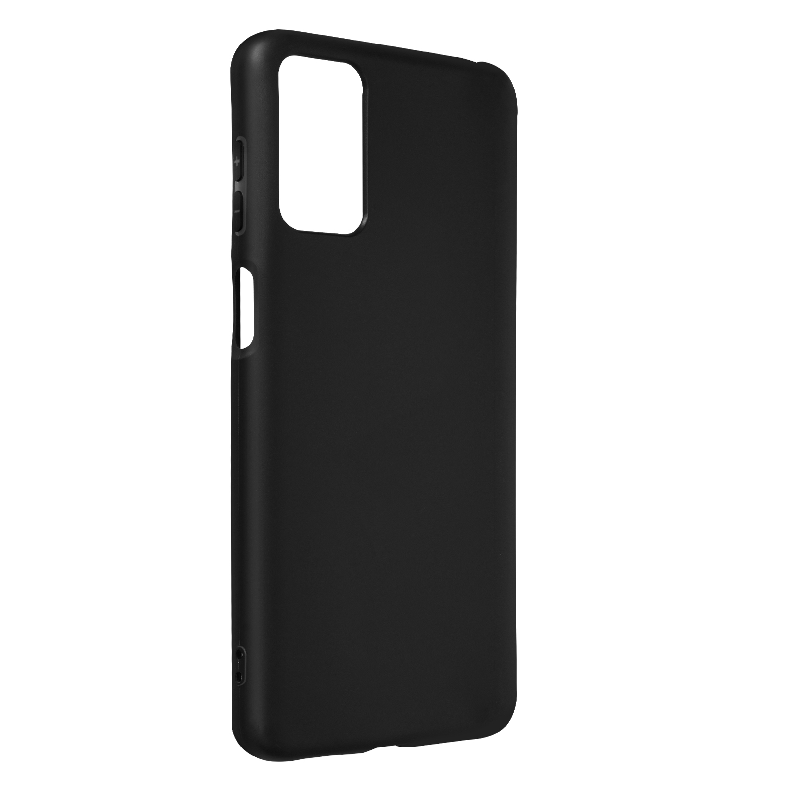 Una custodia nera per telefono con un ritaglio per la fotocamera. La custodia è semplice.