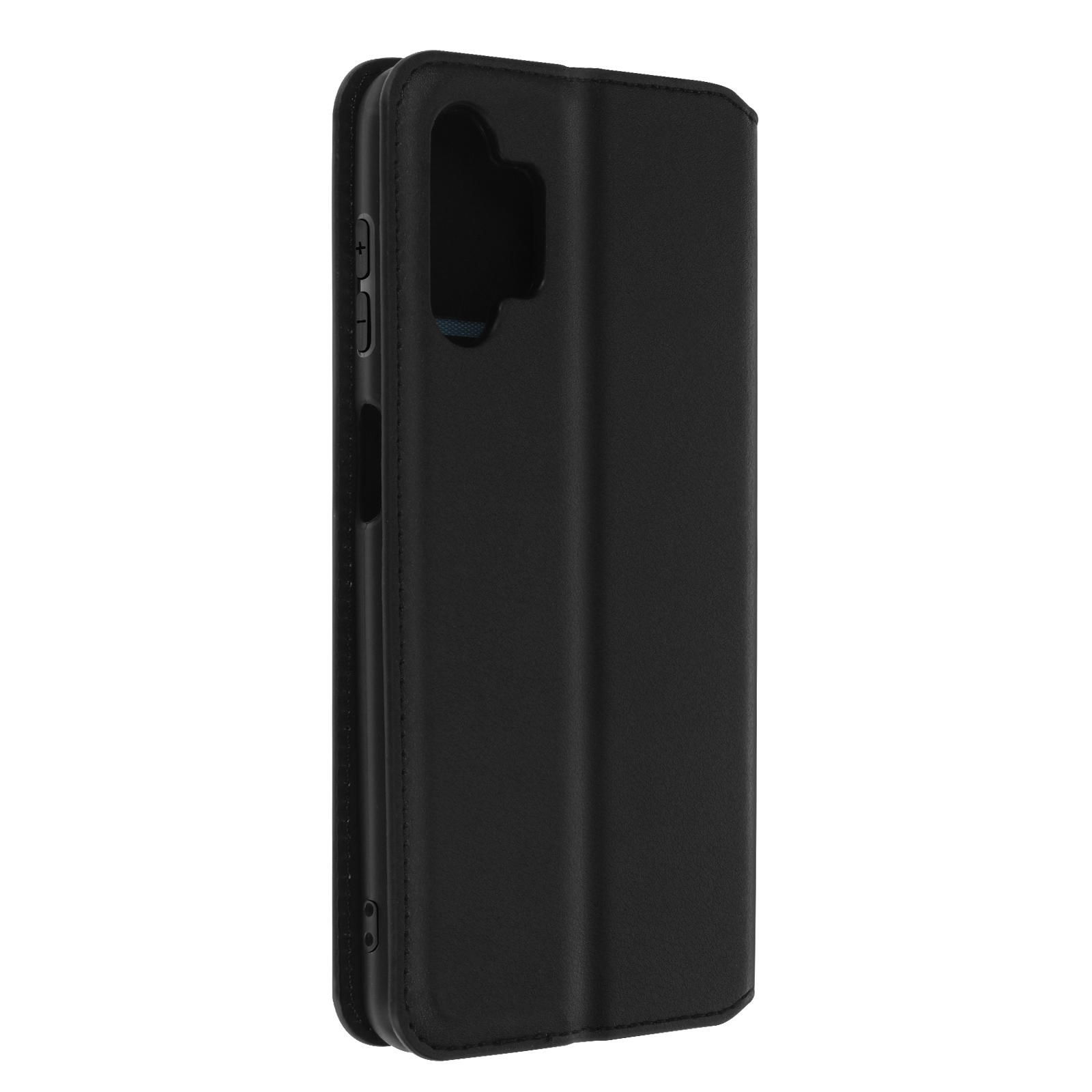 Custodia per telefono nera, aperta, che mostra il telefono. I pulsanti laterali sono visibili. È un primo piano.