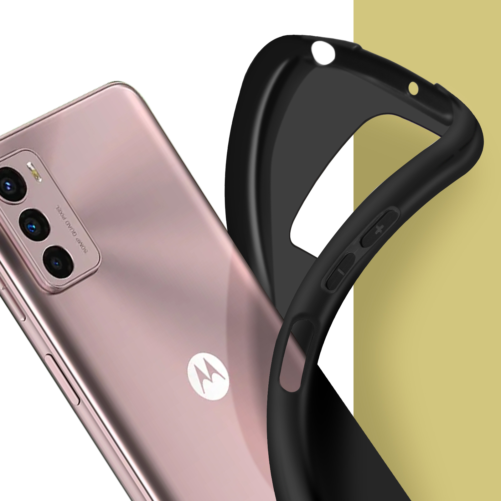 Smartphone rosa con una custodia nera. La custodia ha pulsanti e copre i bordi.