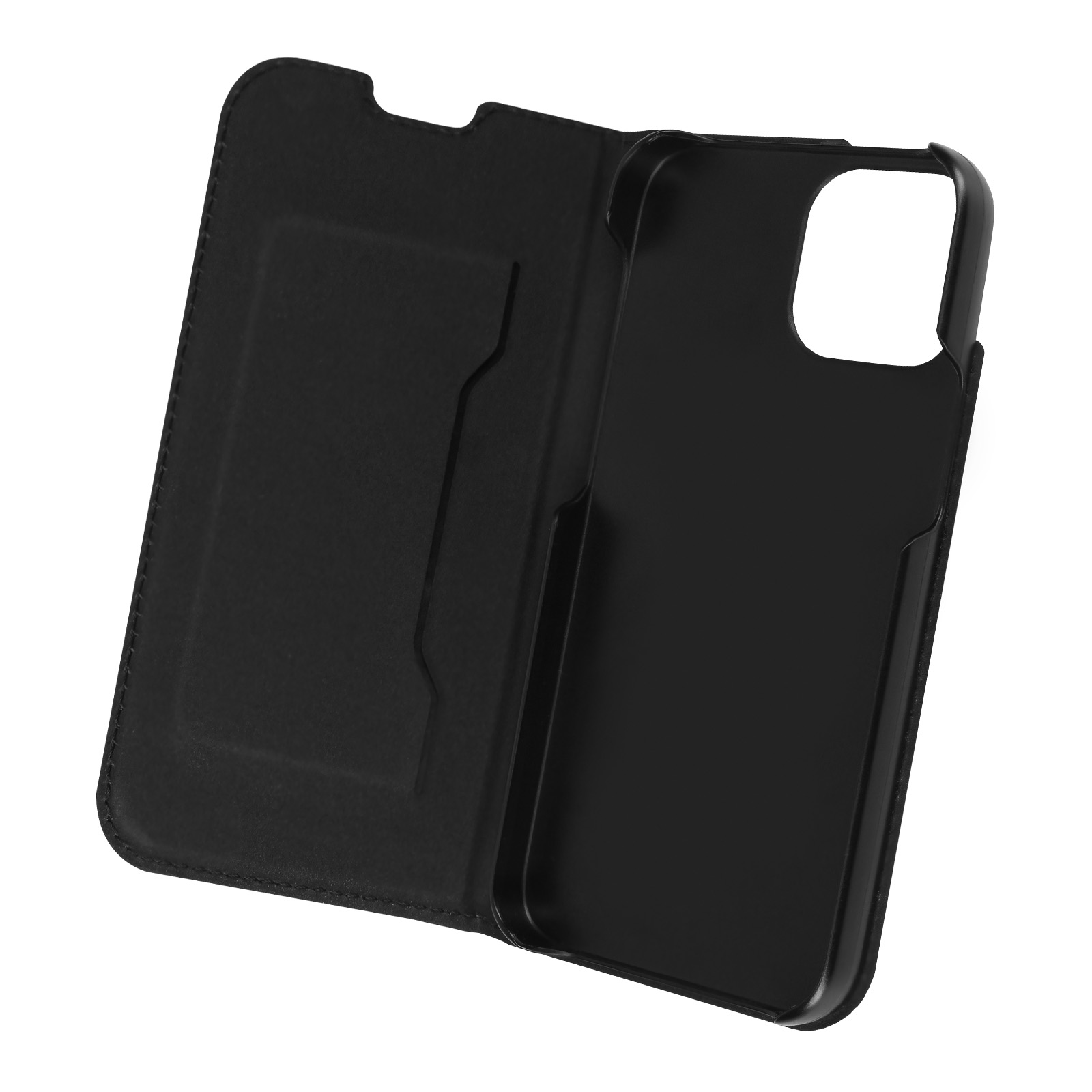 Custodia per telefono nera in stile libro, con fessure per carte. Il telefono non è visibile.
