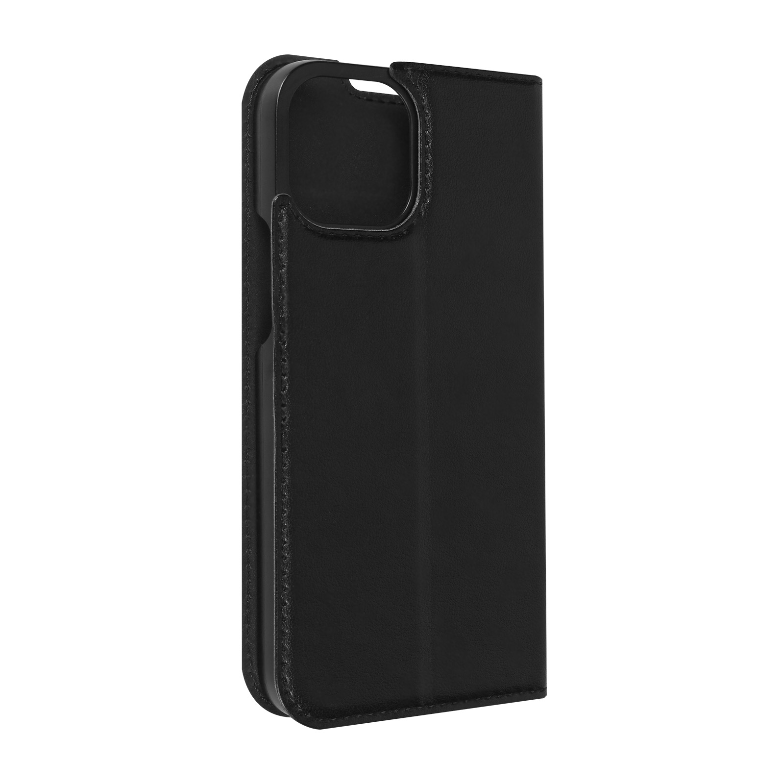 Una custodia per telefono nera aperta, che mostra un design a portafoglio con fessure per carte e un vano banconote.
