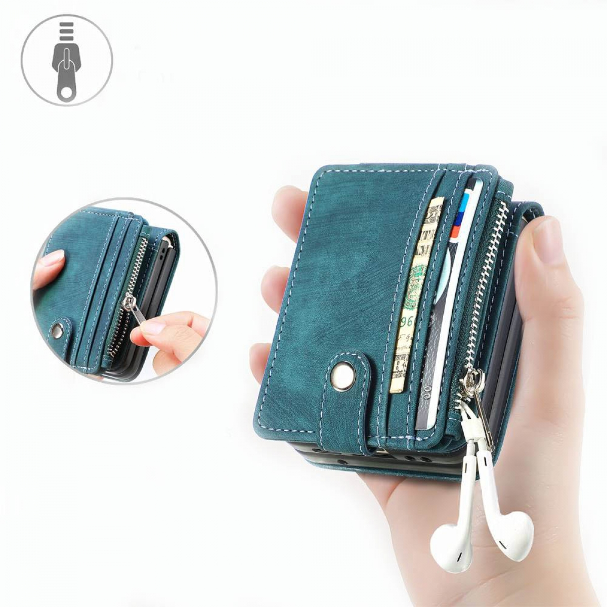 Eine türkisblaue Brieftaschen-Handyhülle mit Reißverschluss, Karten und Ohrhörer zeigend.