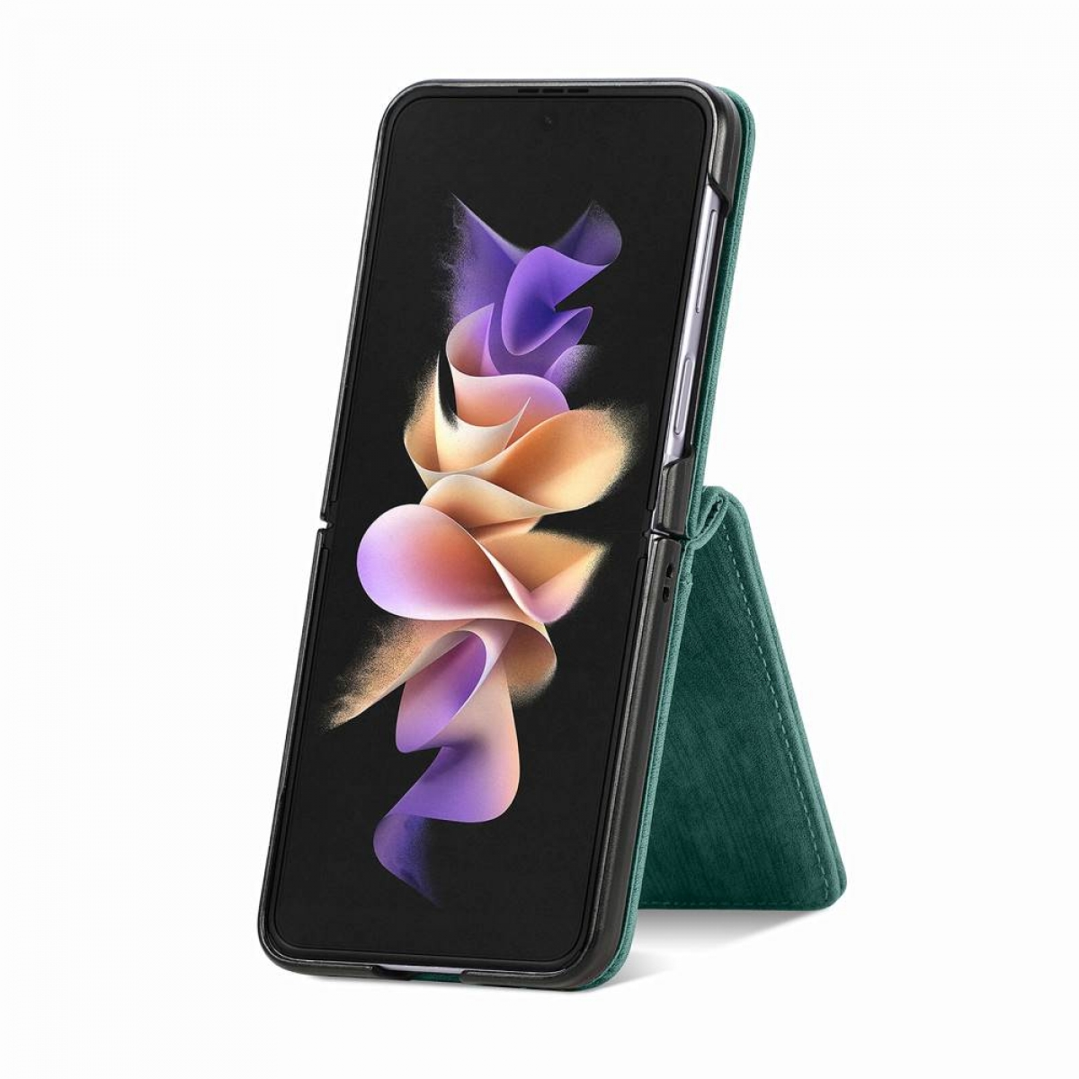 Ein faltbares Telefon in einer dunkelgrünen Hülle ist geöffnet und zeigt einen bunten Bildschirm.