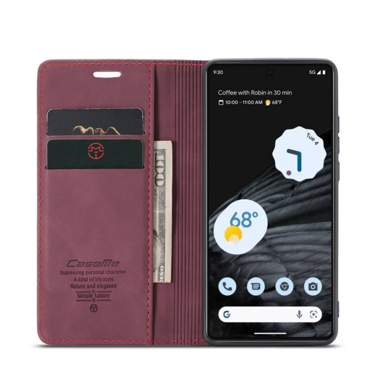 Ein Telefon mit roter Lederhülle, das den Bildschirm mit Oberfläche zeigt.