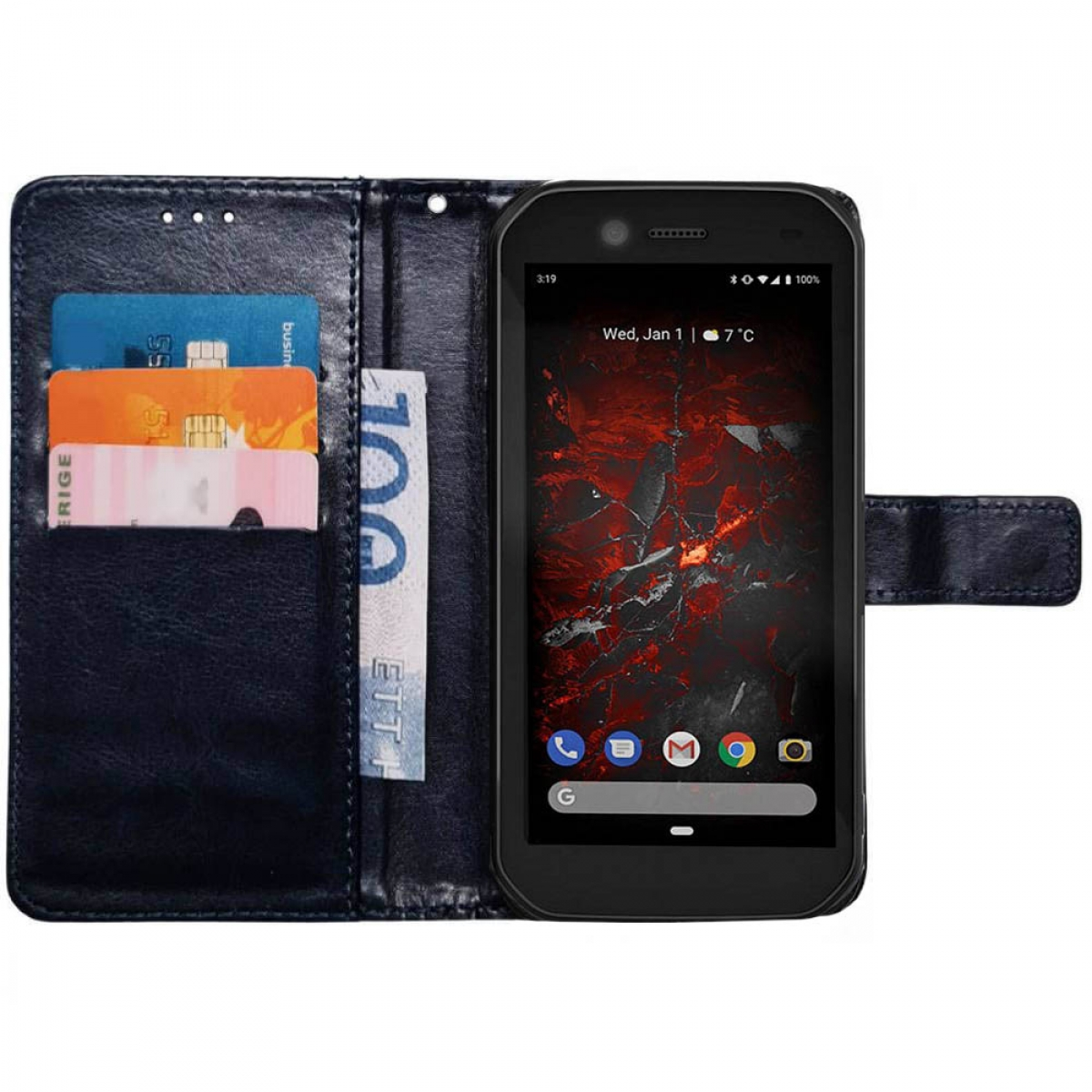 Schwarzes Telefon in einer Brieftasche mit Karten und Geld. Das Telefon zeigt UI.