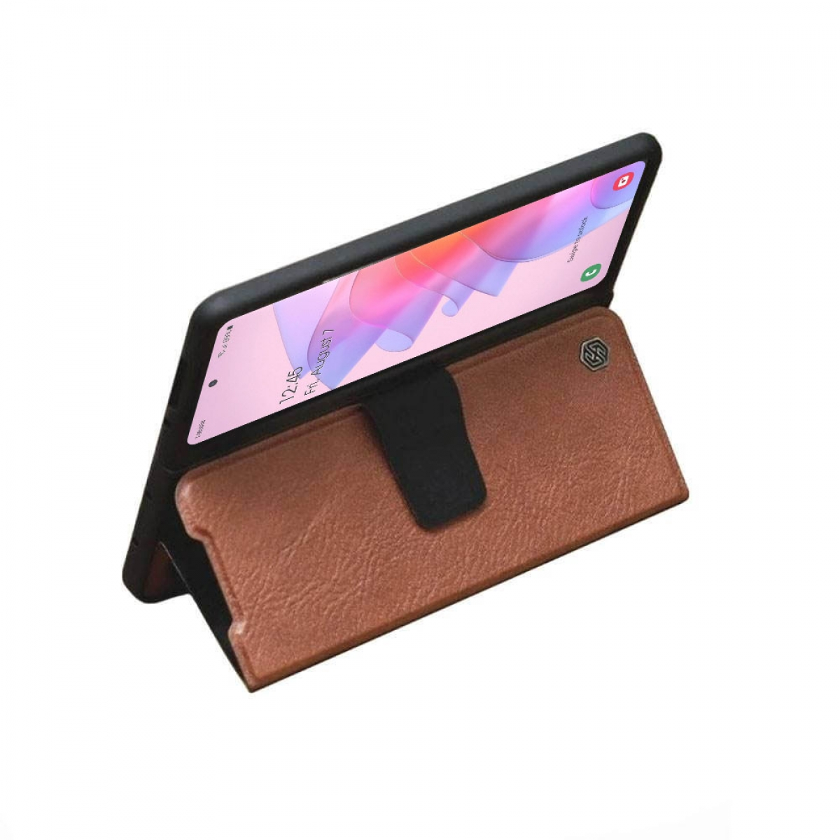 Braune Handyhülle mit einem Telefon, das eine Benutzeroberfläche anzeigt.