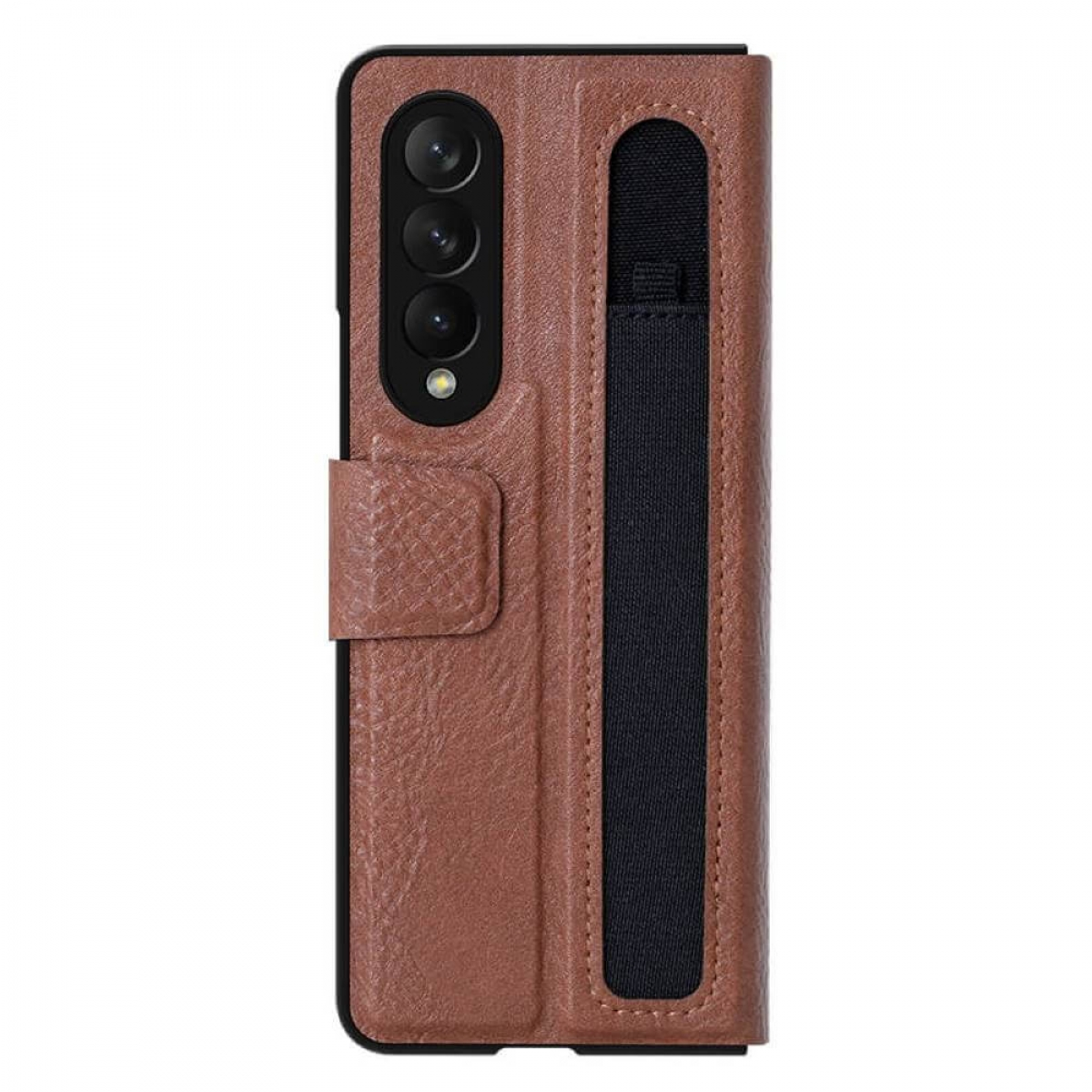 Braune Leder-Handyhülle mit schwarzem Riemen auf einem gefalteten Telefon. Drei Kameralinsen sind sichtbar.