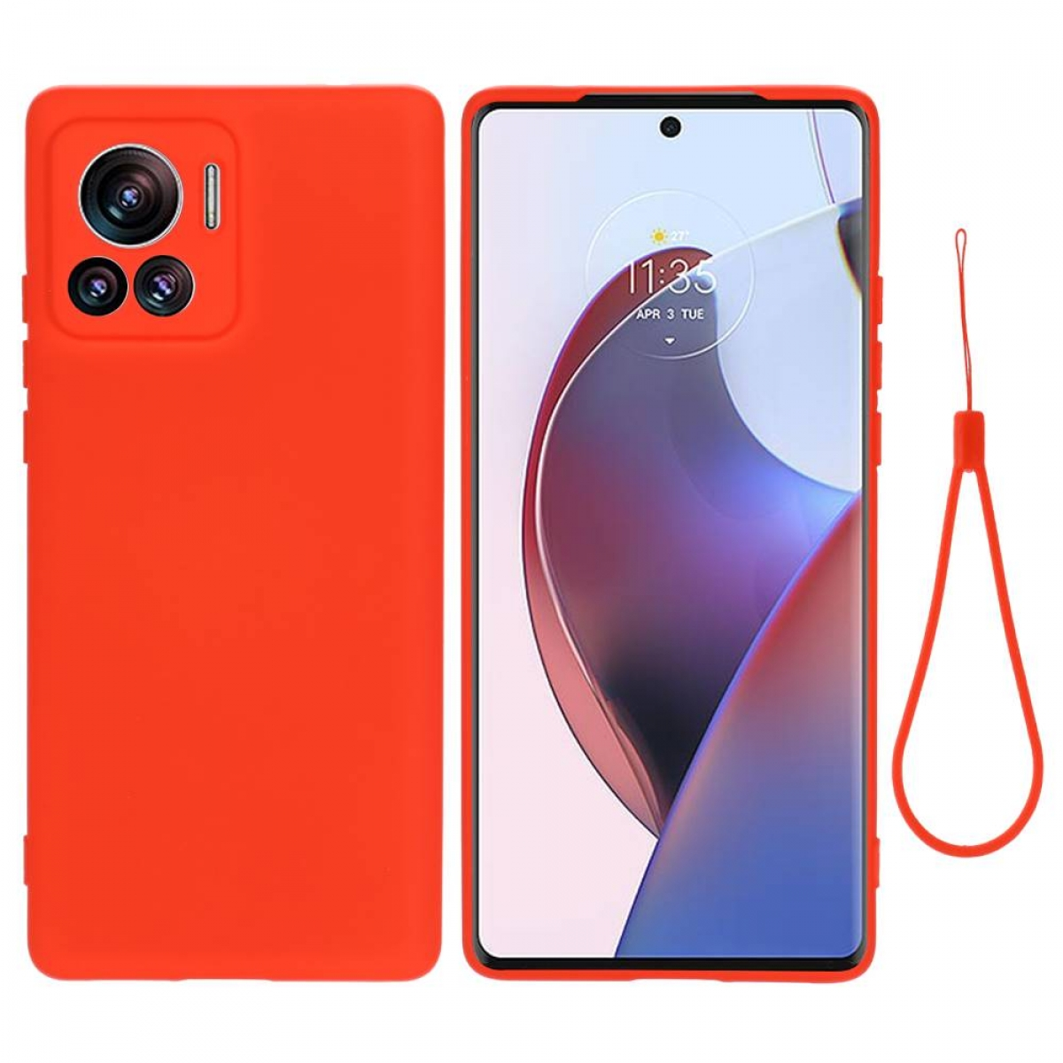 Eine orangefarbene Handyhülle und ein Telefon mit Bildschirm, sowie ein roter Riemen.
