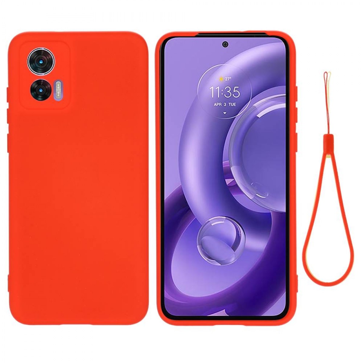 Eine orangefarbene Handyhülle mit einem Telefon rechts und einem Umhängeband.