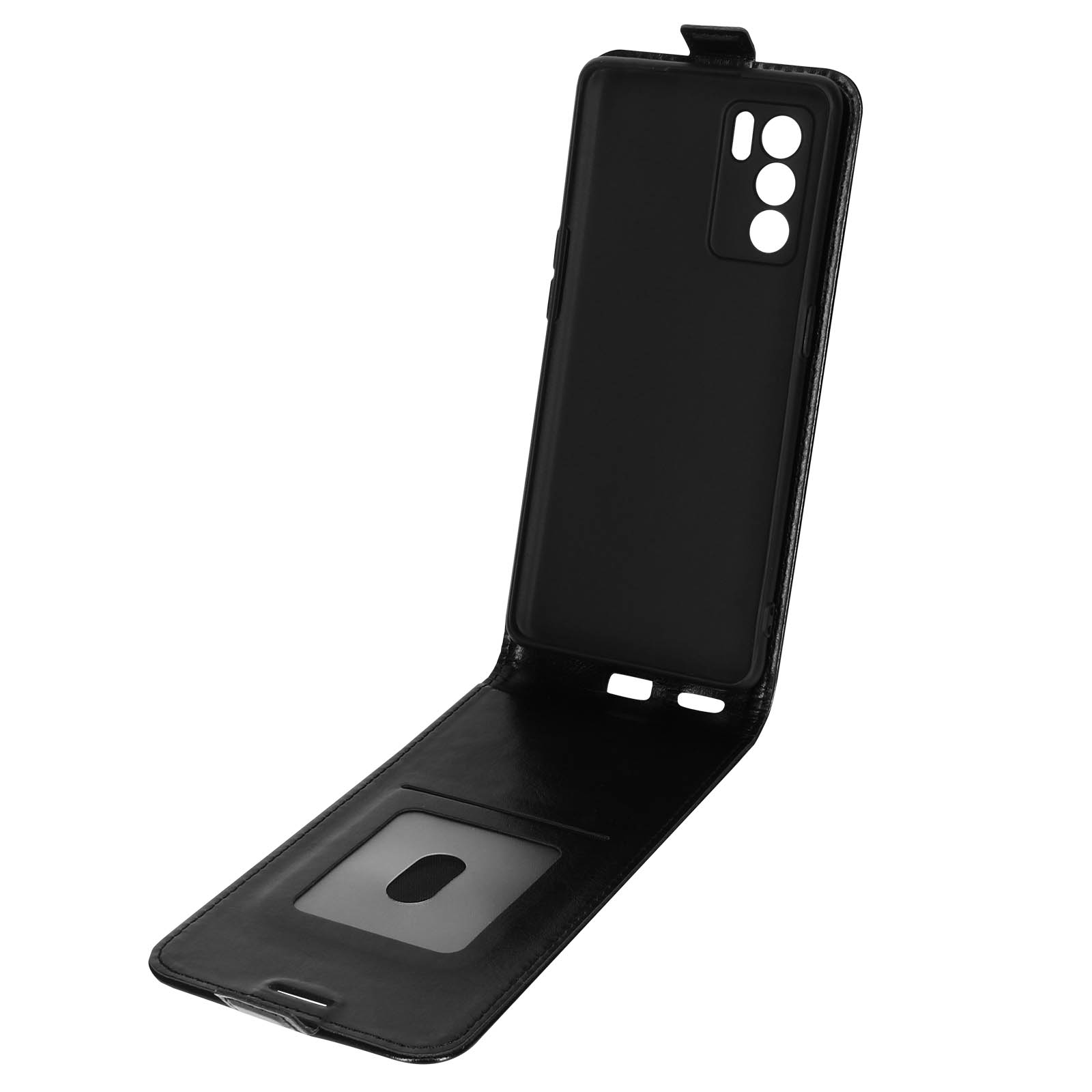 Custodia per telefono nera, aperta. L'interno mostra l'intaglio per il telefono.