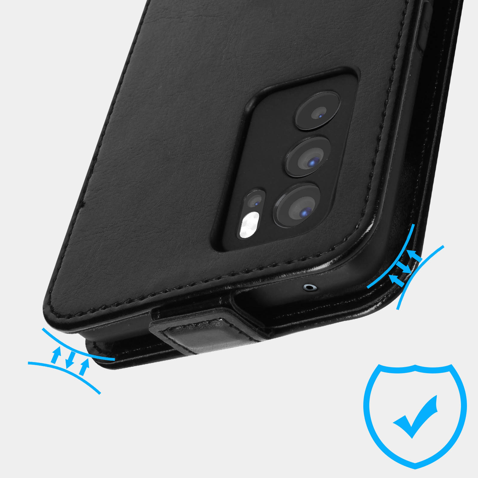 Custodia per telefono nera con patta. Frecce e un segno di spunta sono visibili in basso.