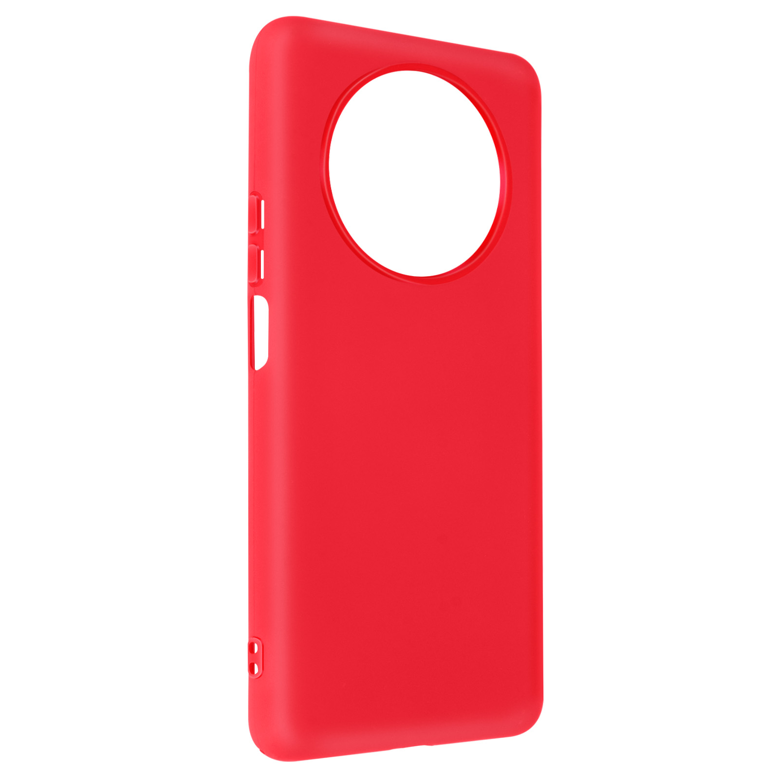 Un étui de téléphone rouge vif avec une grande découpe circulaire pour l'appareil photo. L'étui est lisse et mat.