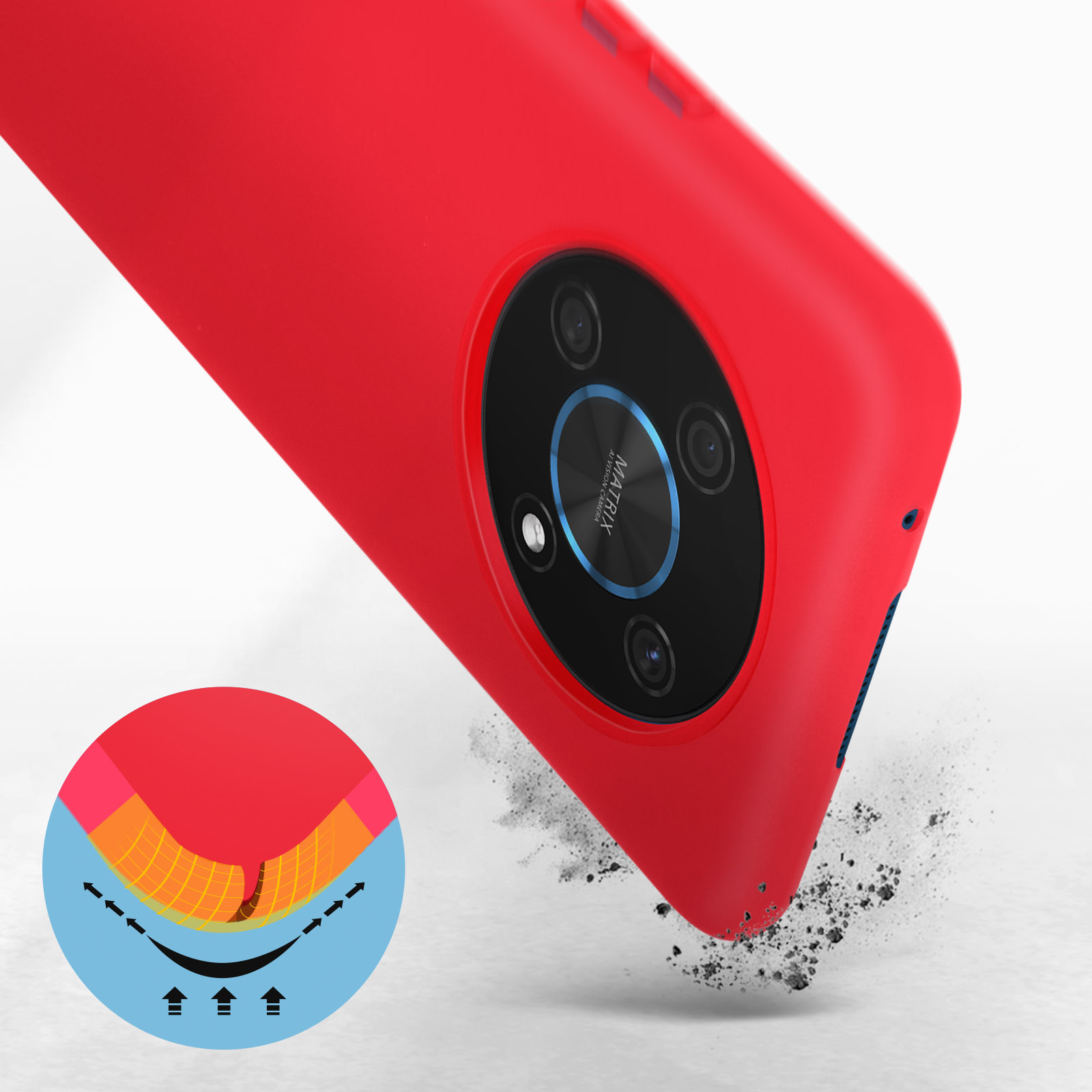 Coque de téléphone rouge avec un cercle de caméras. Gros plan montrant la résistance aux chocs.